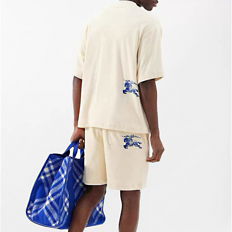 NIGO Burberry Men's Summer Beige Round Neck Cotton Short Sleeve T-Shirt Tie Elasticated Waist Shorts Suit Set #nigo99136