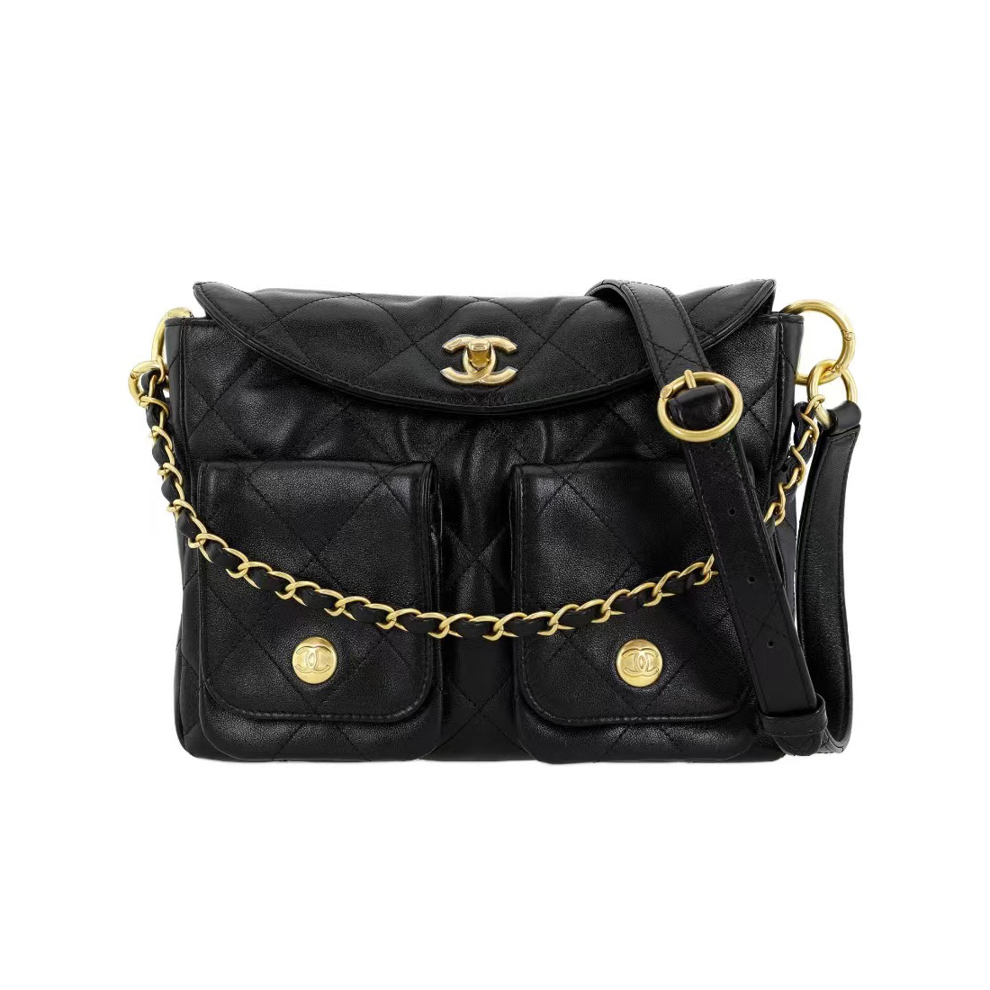 NIGO Chanel Supple Twins Women's Black Diamond Pattern Gold Buckle Chain Cowhide Shoulder Crossbody Bag #nigo99148