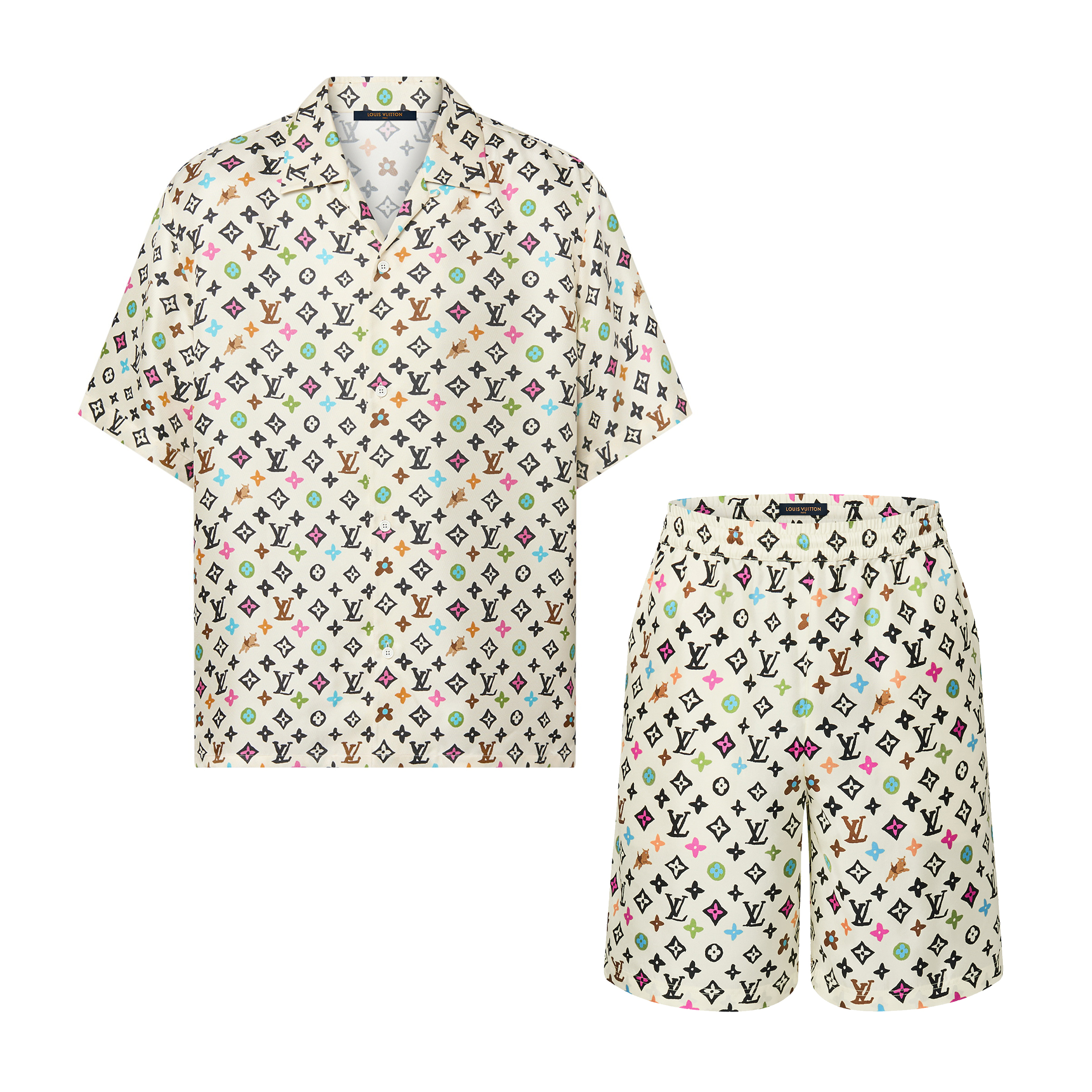 NIGO Louis Vuitton Men's Summer Logo Full Print Single Breasted Short Sleeve Shirt Elasticated Waist Shorts Suit Set #nigo99155