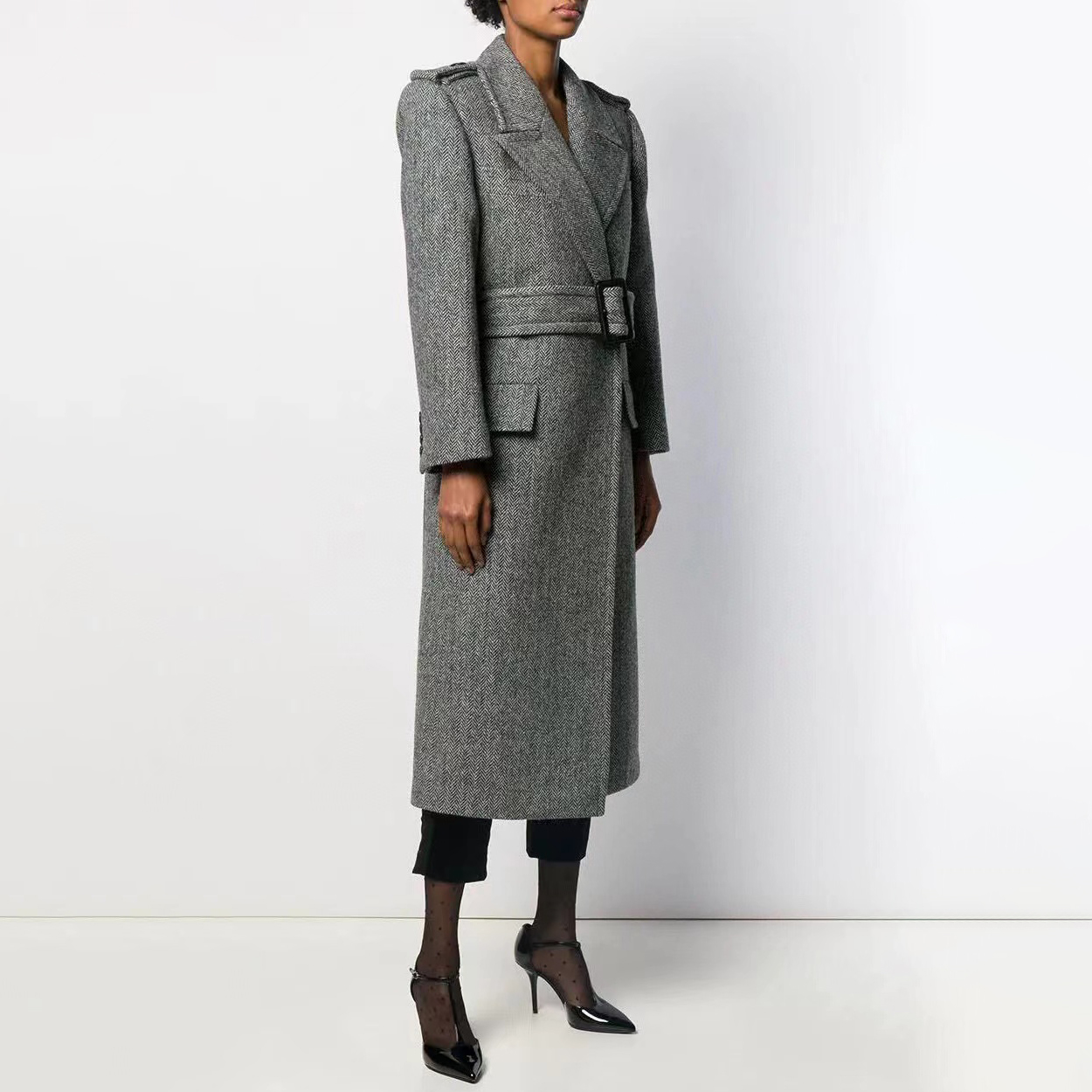 NIGO Saint Laurent Women's Autumn And Winter Grey Lapel Drawstring Wool Long Long Sleeved Coat Jacket #nigo99153