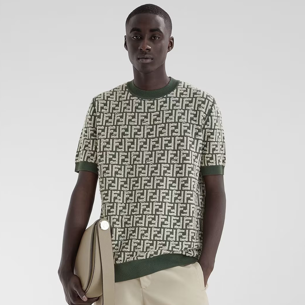 NIGO Fendi Men's Summer Green All Over Letter Print Crew Neck Short Sleeve Knitted Sweater #nigo99166