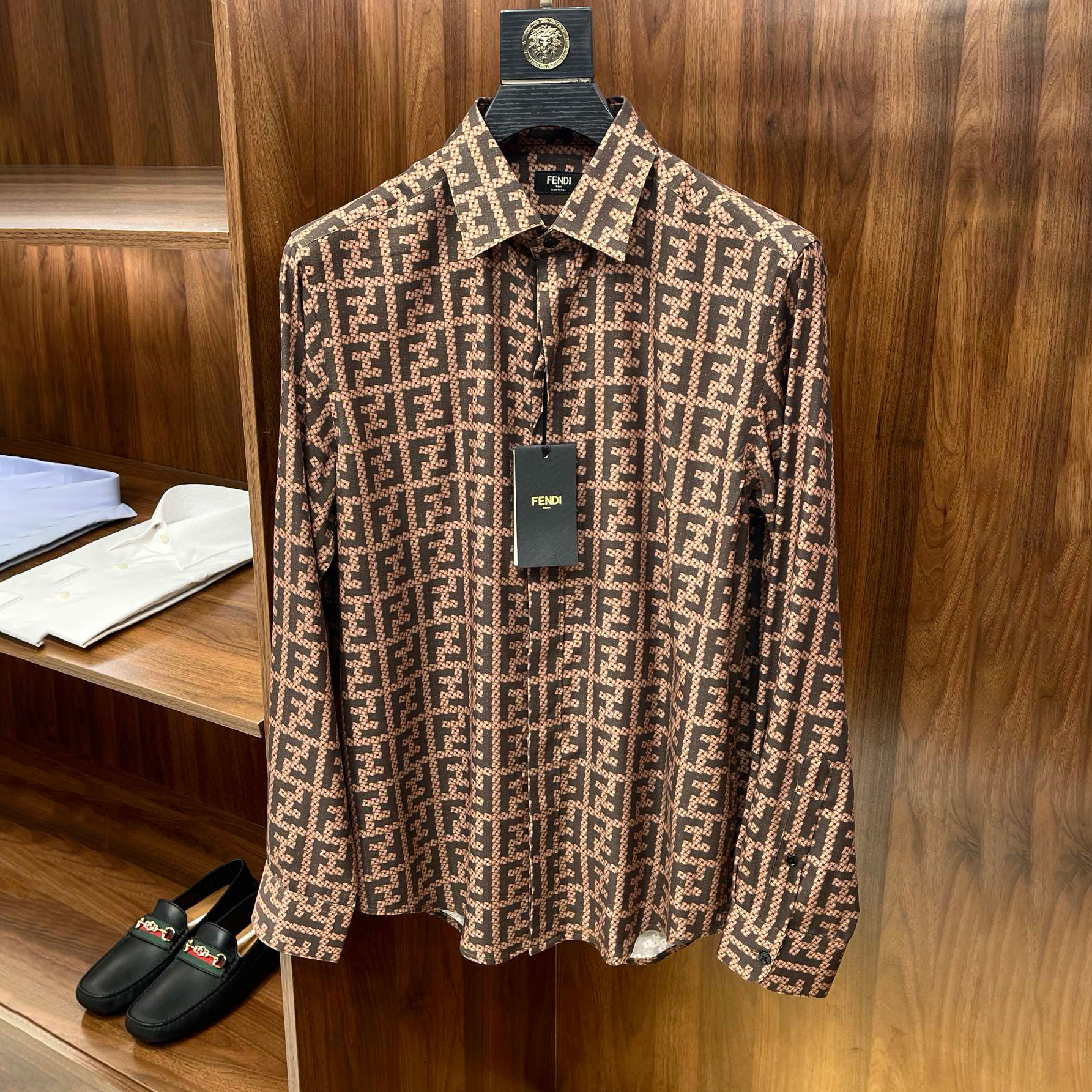 NIGO Fendi Men's Spring and Autumn Full Print Letter Print Lapel Single Breasted Long Sleeve Shirt #nigo99179