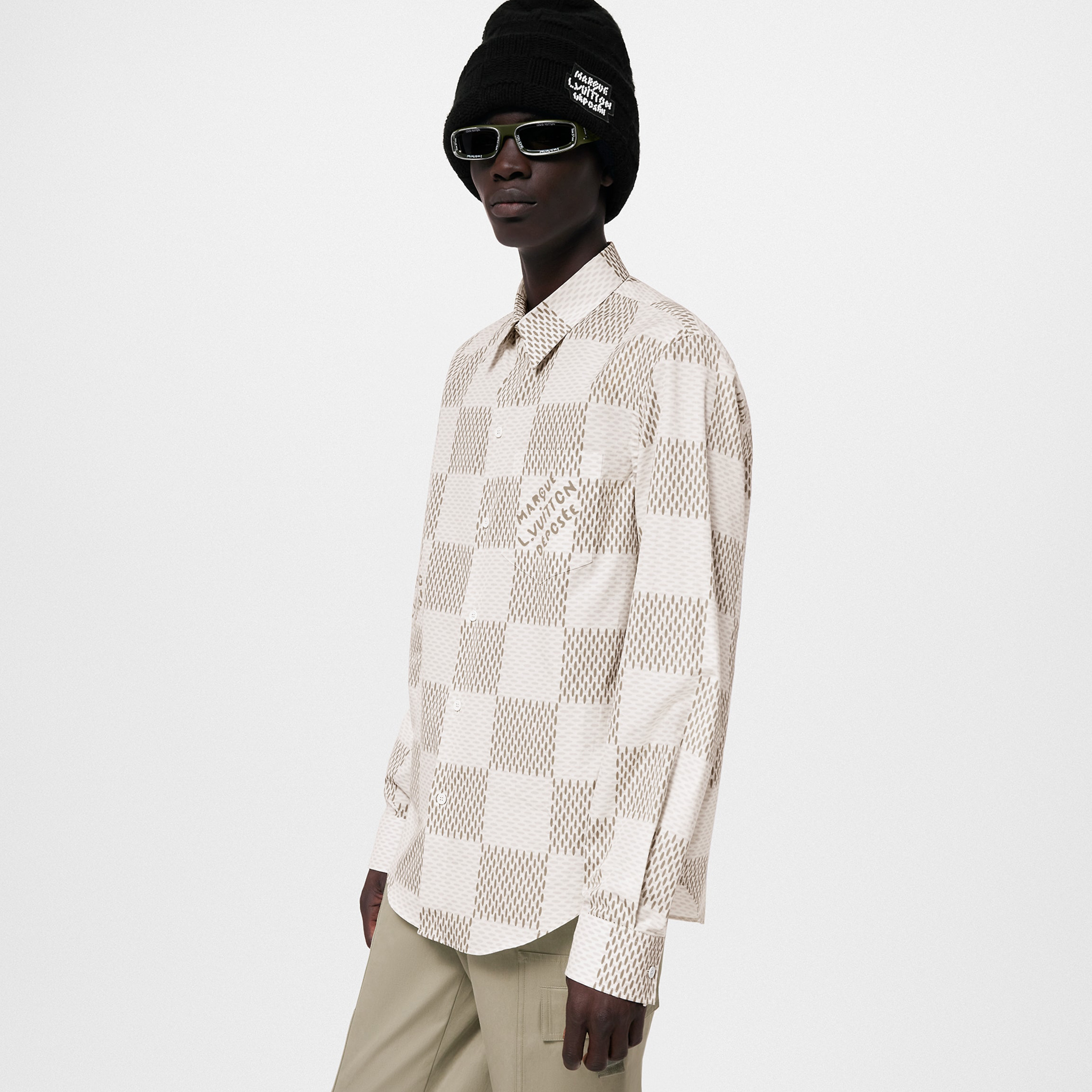 NIGO Louis Vuitton Men's Summer White Letter Check Printed Lapel Single Breasted Long Sleeve Shirt #nigo99211