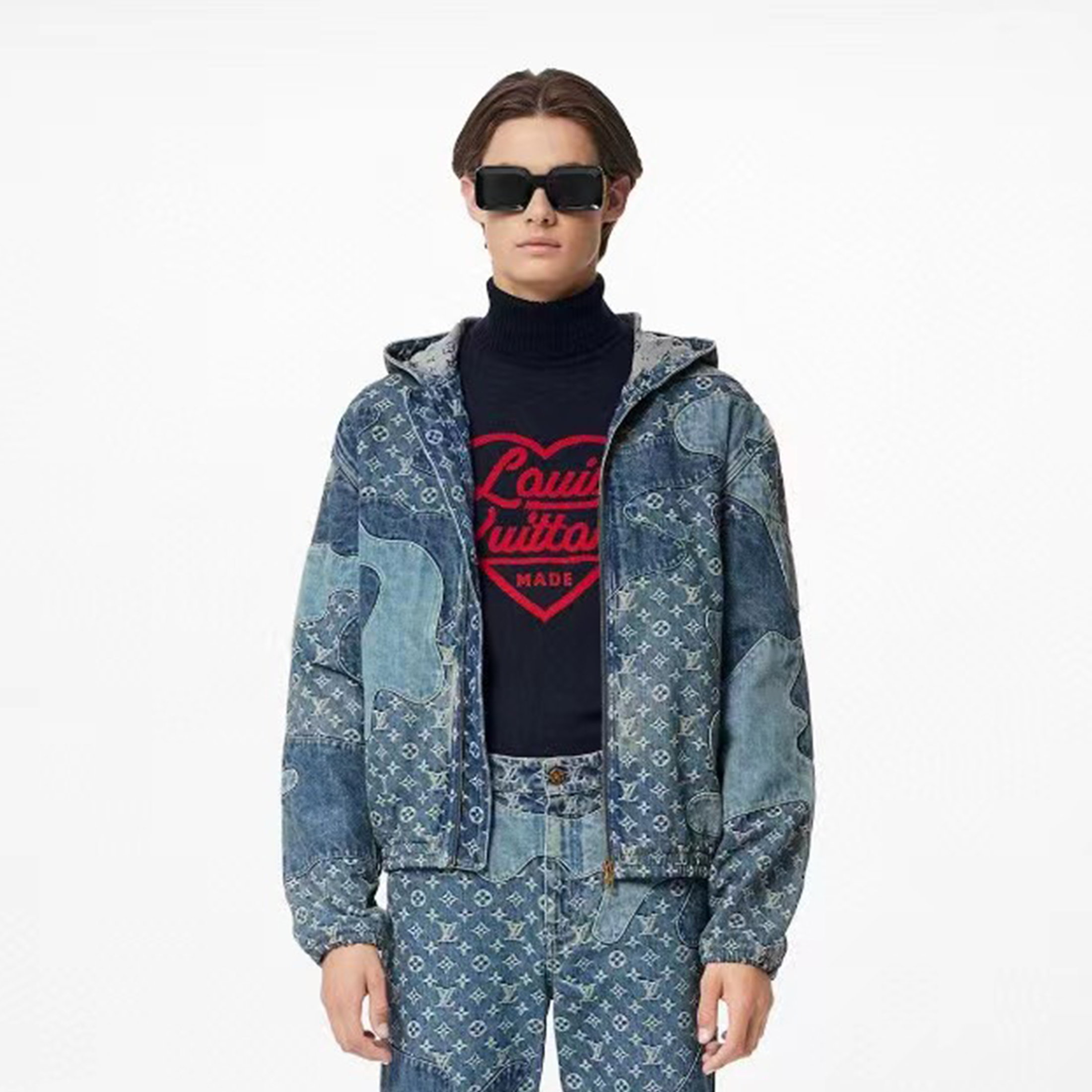 NIGO Louis Vuitton Men's Spring And Fall Logo Spliced Denim Hooded Jacket Fashion Casual Fitted Jacket#nigo6622