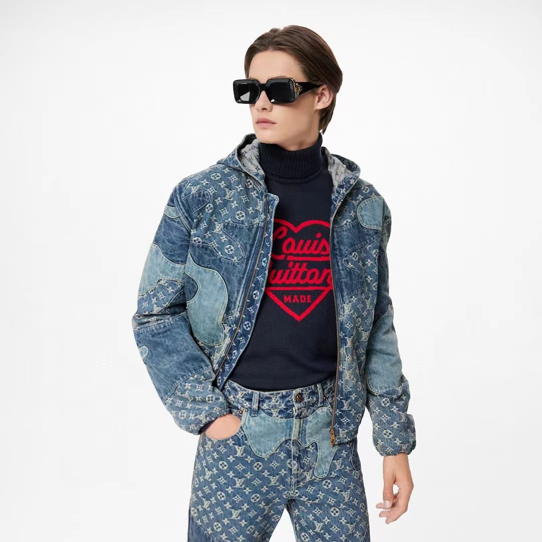 NIGO Louis Vuitton Men's Spring And Fall Logo Spliced Denim Hooded Jacket Fashion Casual Fitted Jacket#nigo6622
