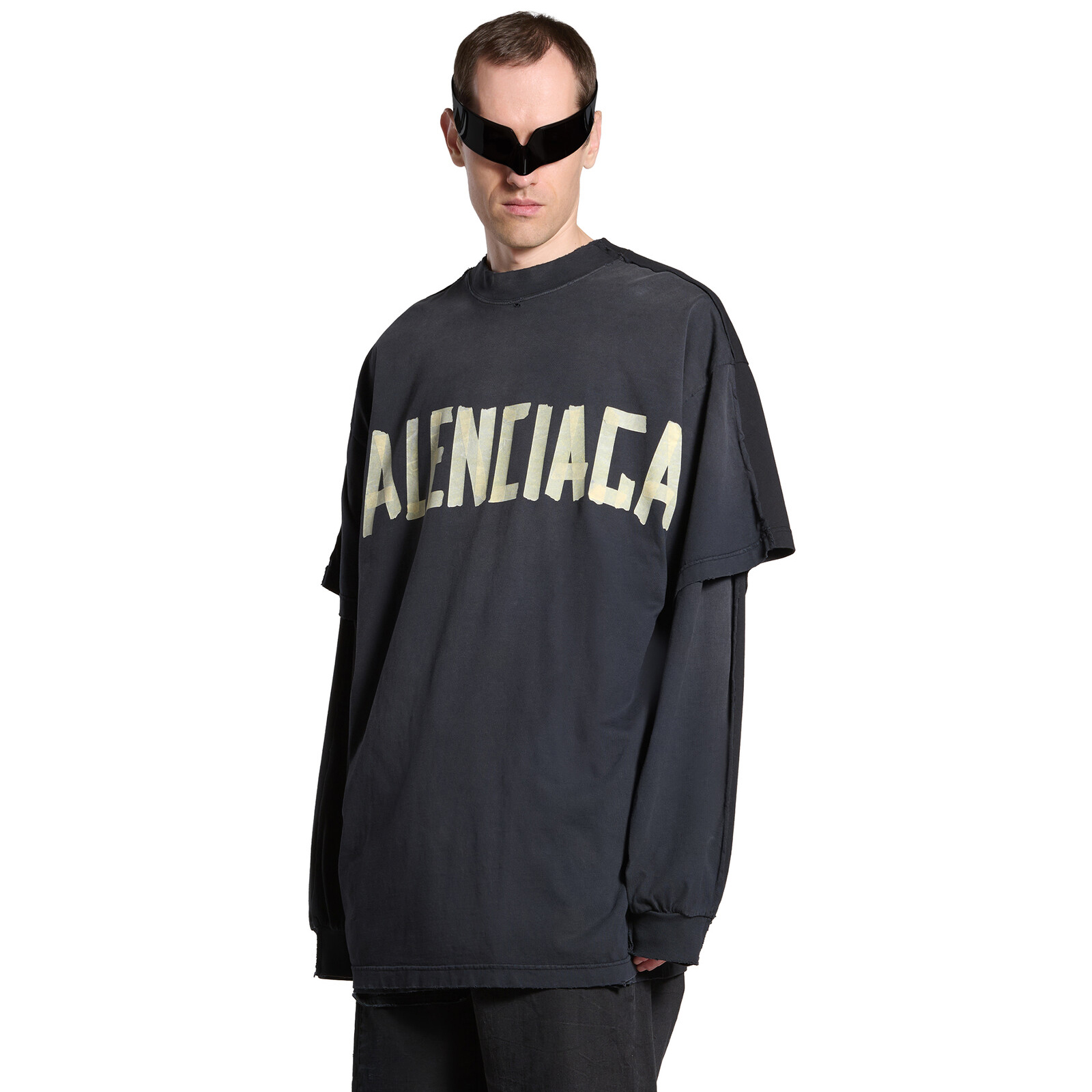 NIGO Balenciaga Tape Type Double Front Men's Summer Black Vintage Plain Knit Large Silhouette Short Sleeve T-Shirt #nigo99238
