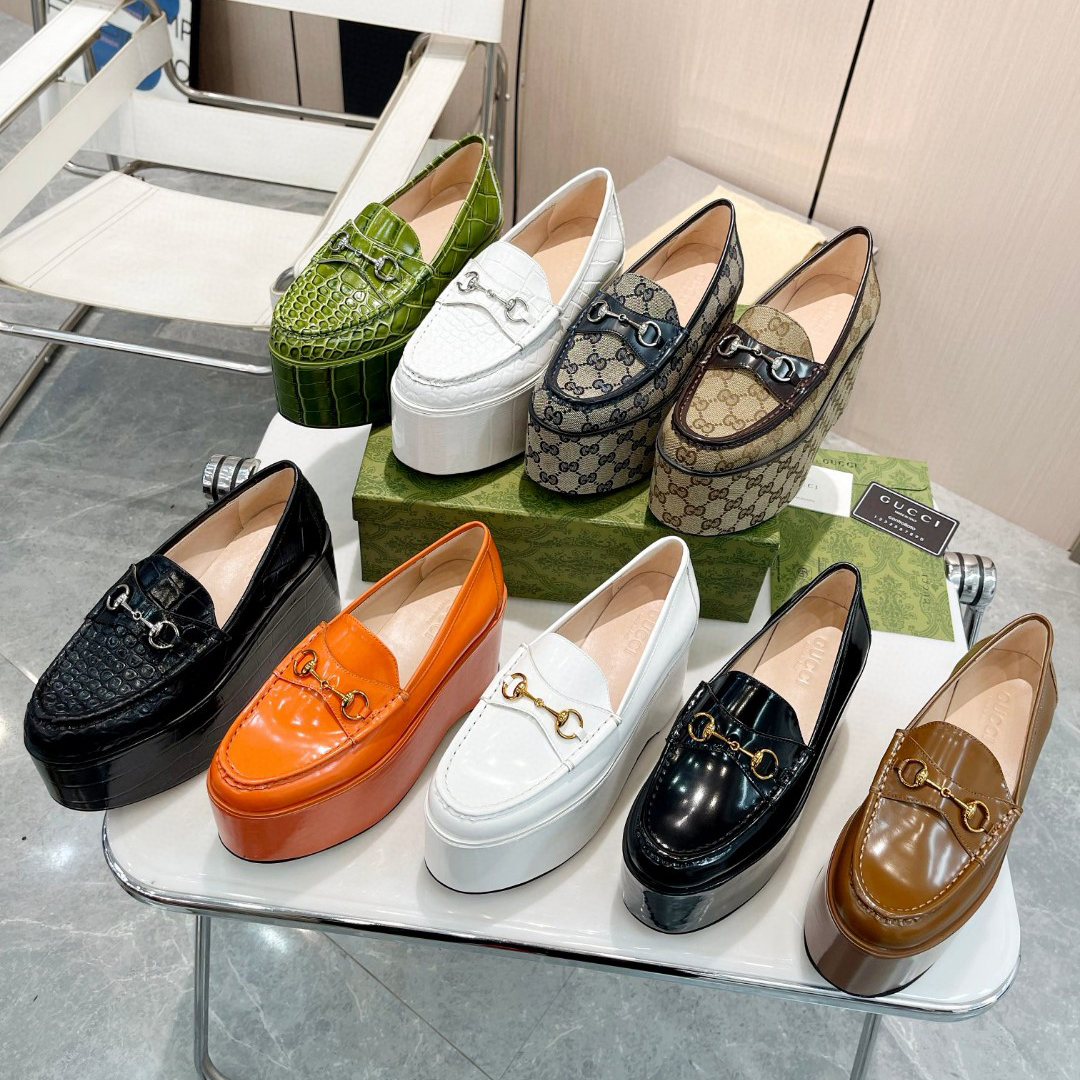 NIGO Gucci Horsebit Women's Solid Colour Cow Leather Horsebit 9cm Thick Sole Loafers Shoes #nigo99234