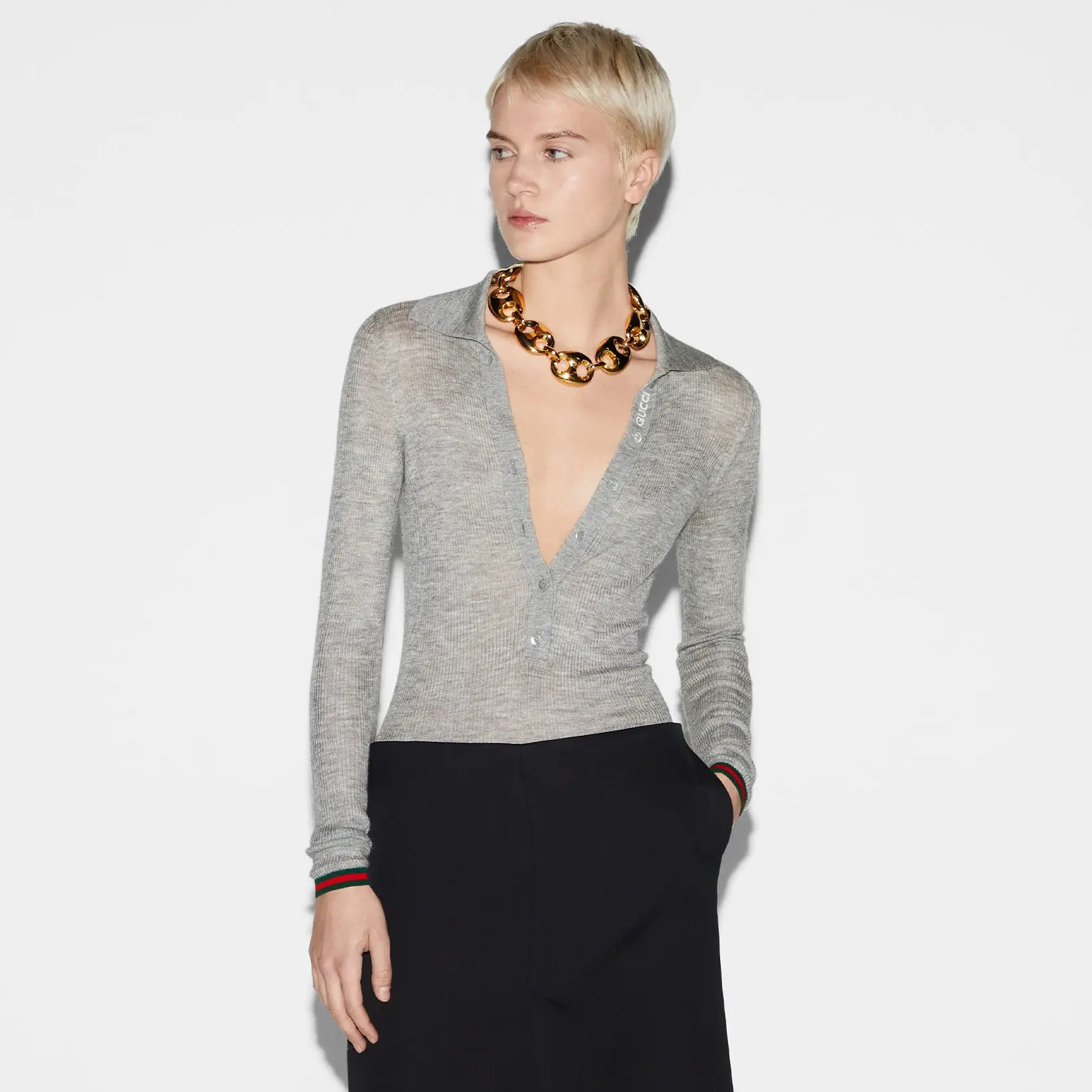 NIGO Gucci Women's Spring Autumn Grey Striped Ribbon Tumbled Pullover Polo Neck Long Sleeve Knit Sweater Top #nigo99241