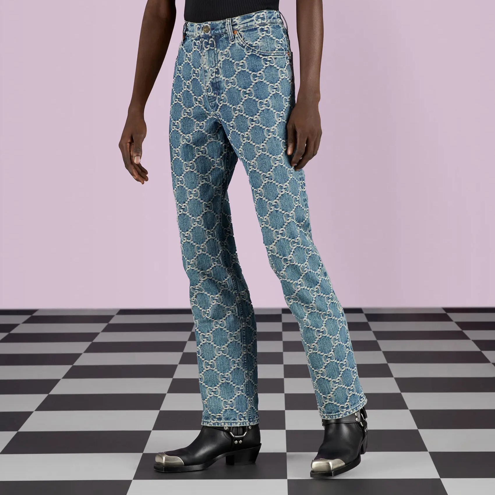 NIGO Men's Spring Autumn Blue Letter Print Jacquard Straight Zip Pocket Jeans Pants #nigo99275