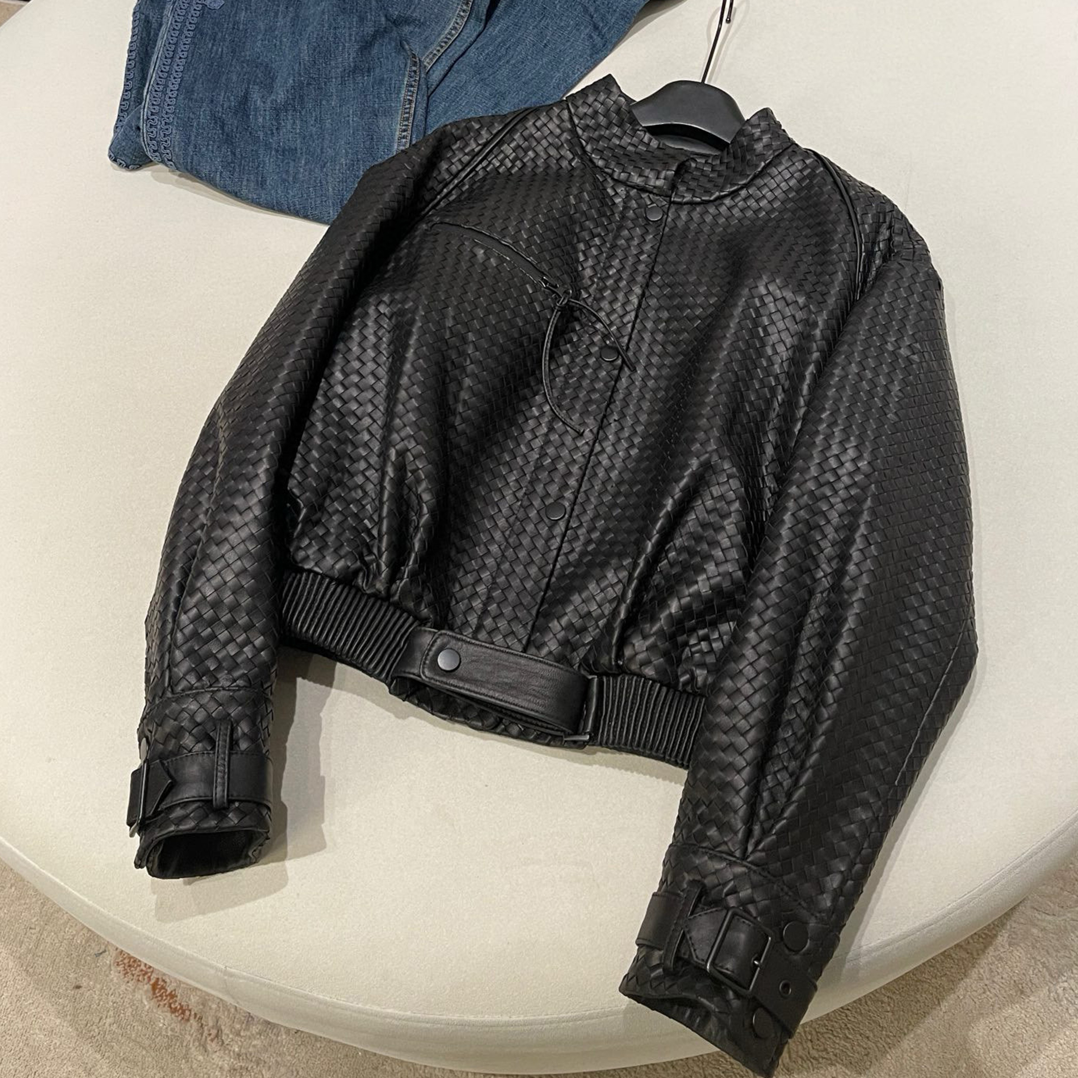 NIGO Bottega Veneta Women's Spring And Autumn Luxury Solid Color Standing Collar Leather Button Braided Sheepskin Biker Leather Coat Jacket Ngvp #nigo8241