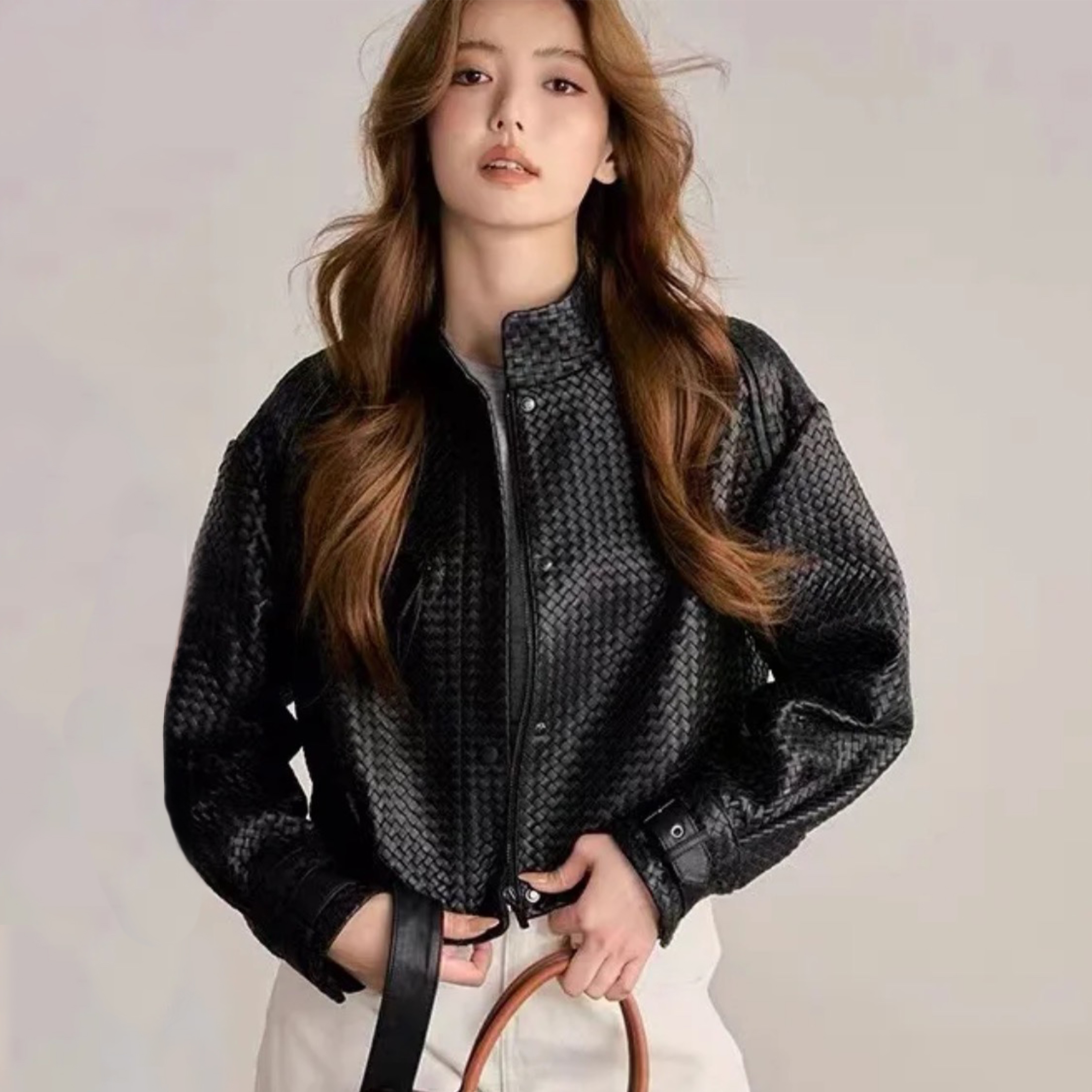 NIGO Bottega Veneta Women's Spring And Autumn Luxury Solid Color Standing Collar Leather Button Braided Sheepskin Biker Leather Coat Jacket Ngvp #nigo8241
