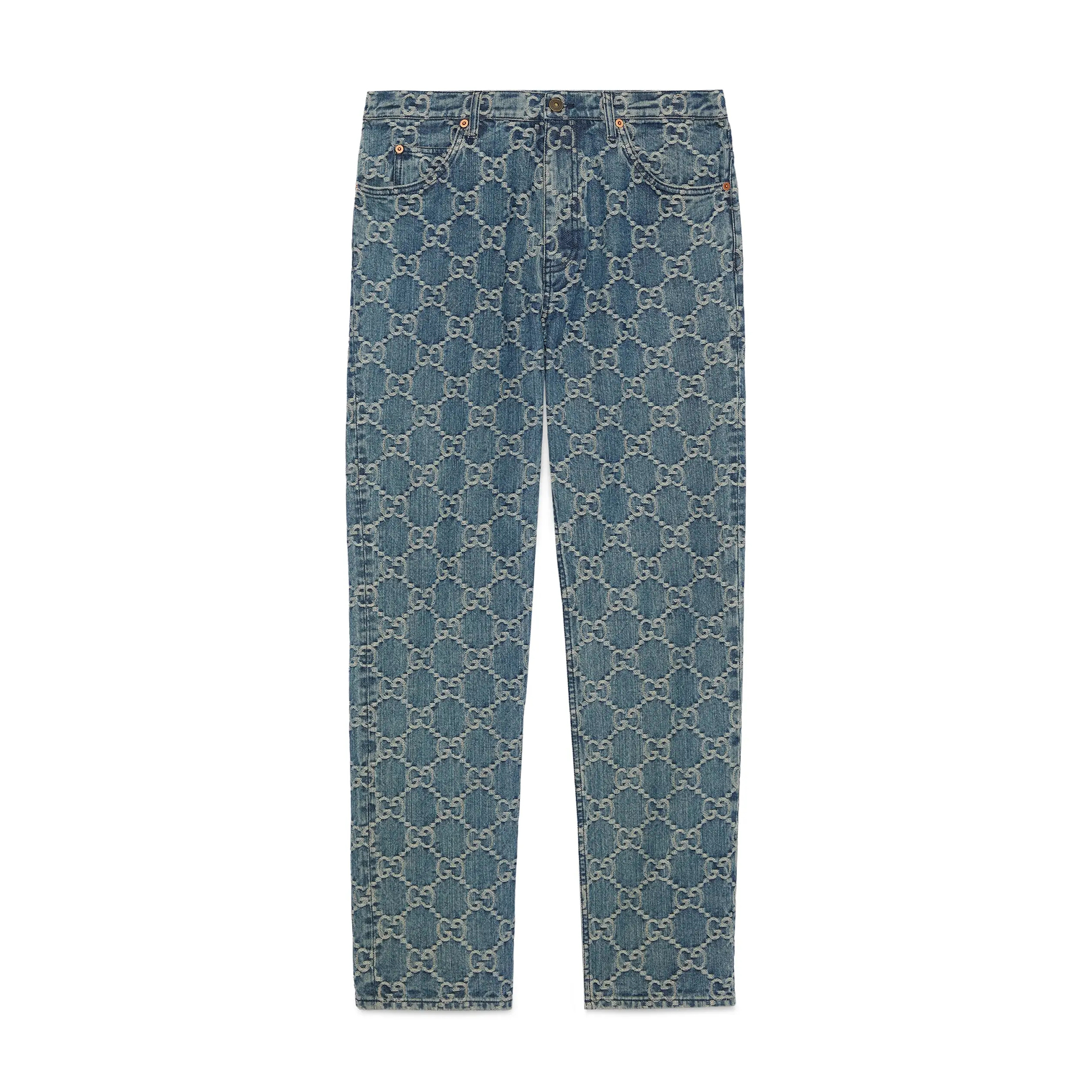NIGO Men's Spring Autumn Blue Letter Print Jacquard Straight Zip Pocket Jeans Pants #nigo99275