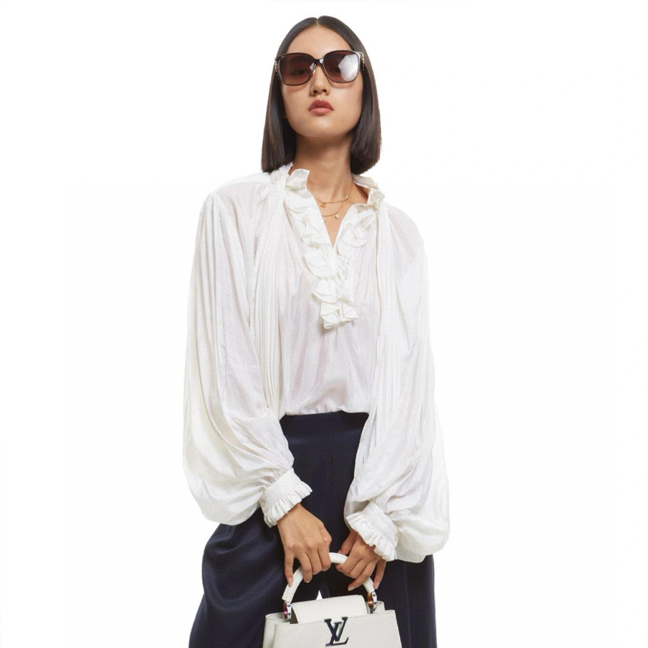 NIGO Louis Vuitton Women's Spring And Summer Luxury Pearlized Mulberry Silk Lace Organ Pleats Bubble Sleeve White Blouse Temperament Blouse Ngvp #nigo8244
