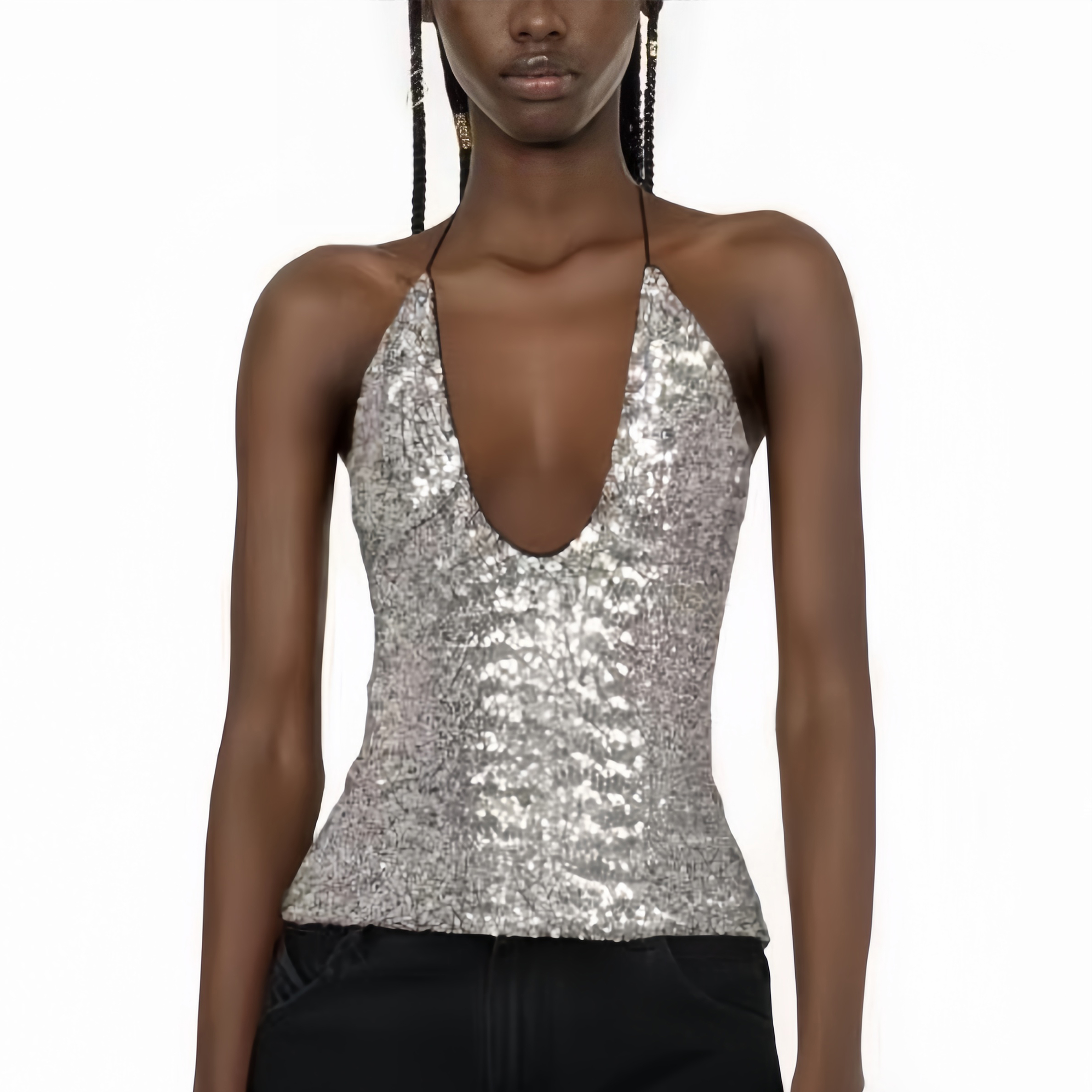 NIGO The Attico Women's Spring/Summer Sexy Silver Sequin Embellished Neck Top Sleeveless Sling Tank Top Ngvp #nigo8267