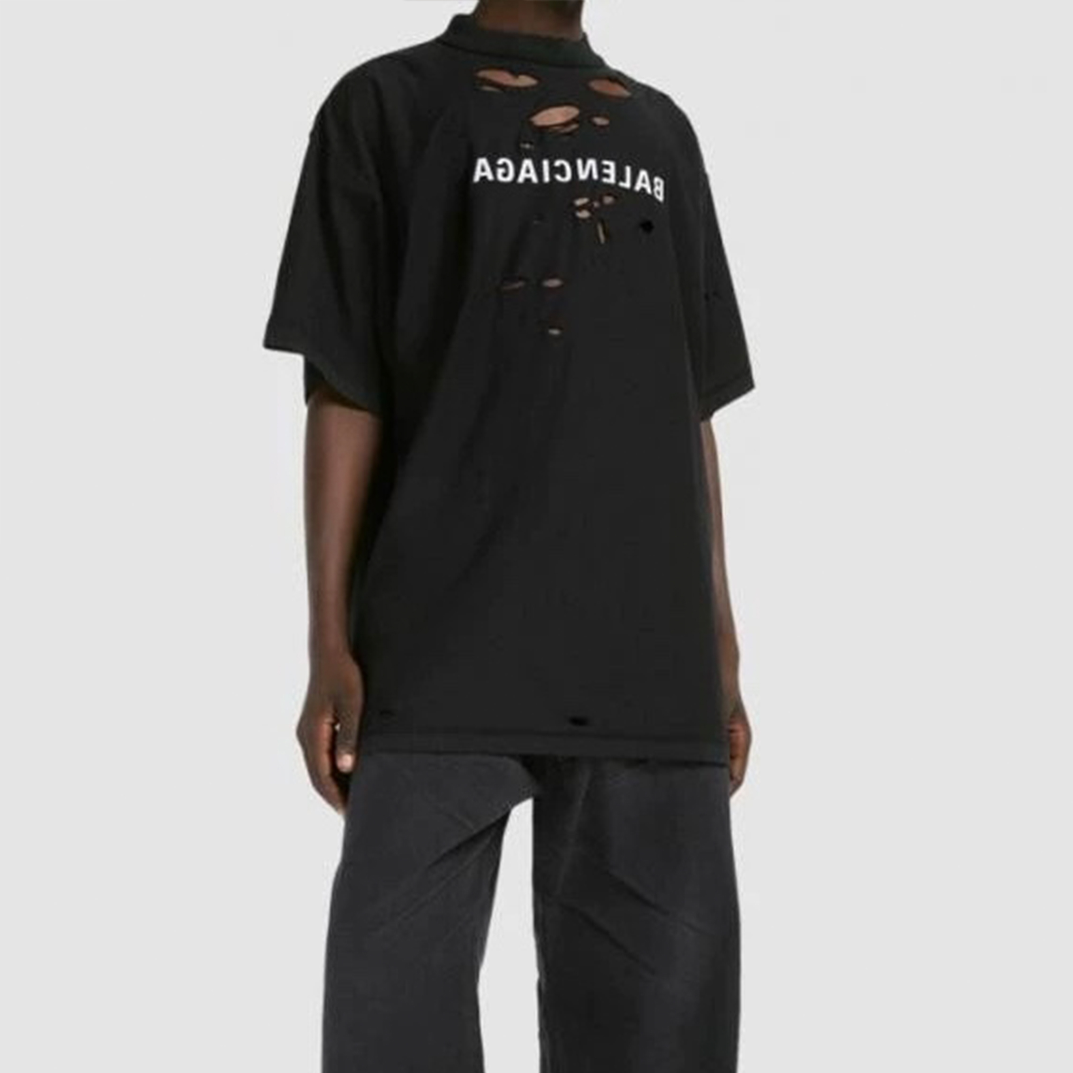 NIGO Balenciaga Men's Women's Summer Black Retro Torn High Street Large Silhouette Letter Logo Short Sleeve T Shirt #nigo99292