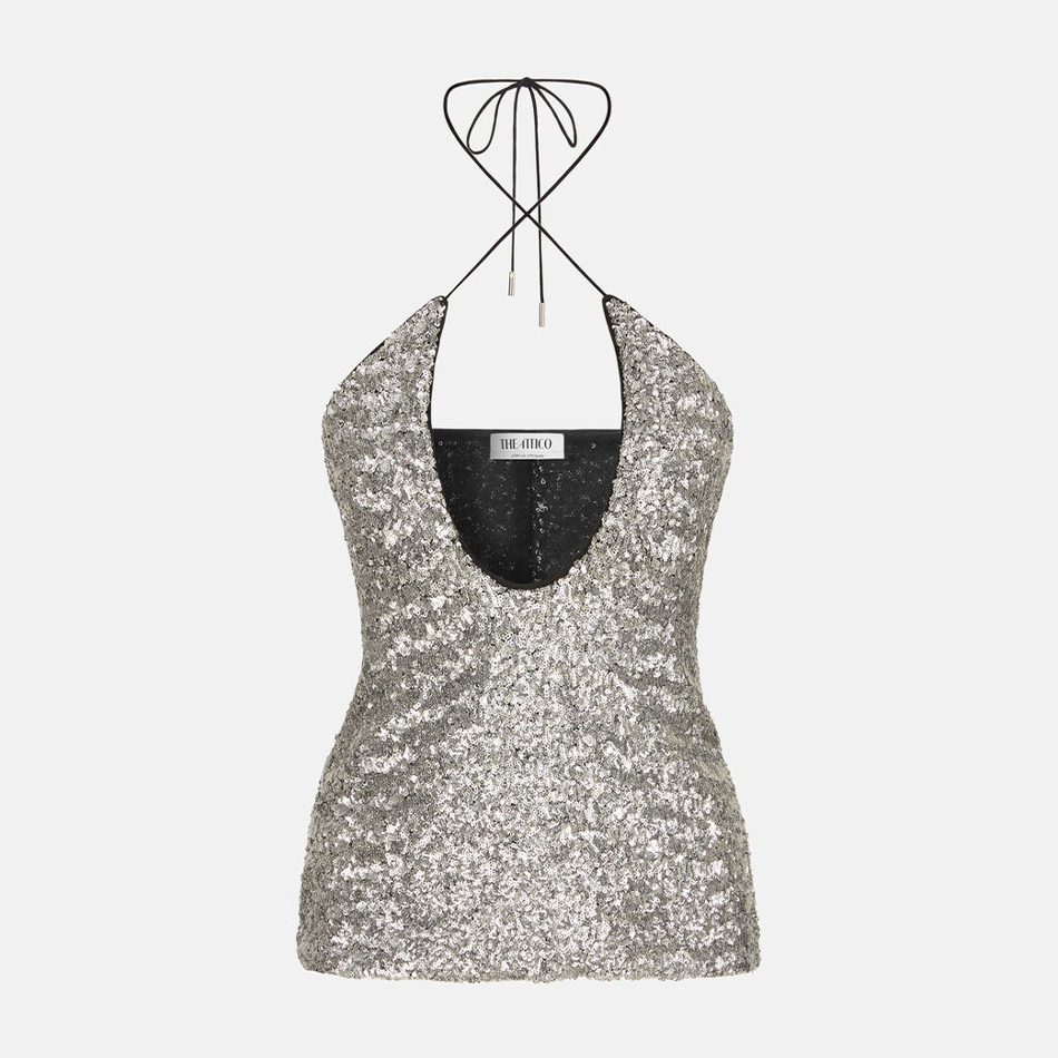 NIGO The Attico Women's Spring/Summer Sexy Silver Sequin Embellished Neck Top Sleeveless Sling Tank Top Ngvp #nigo8267
