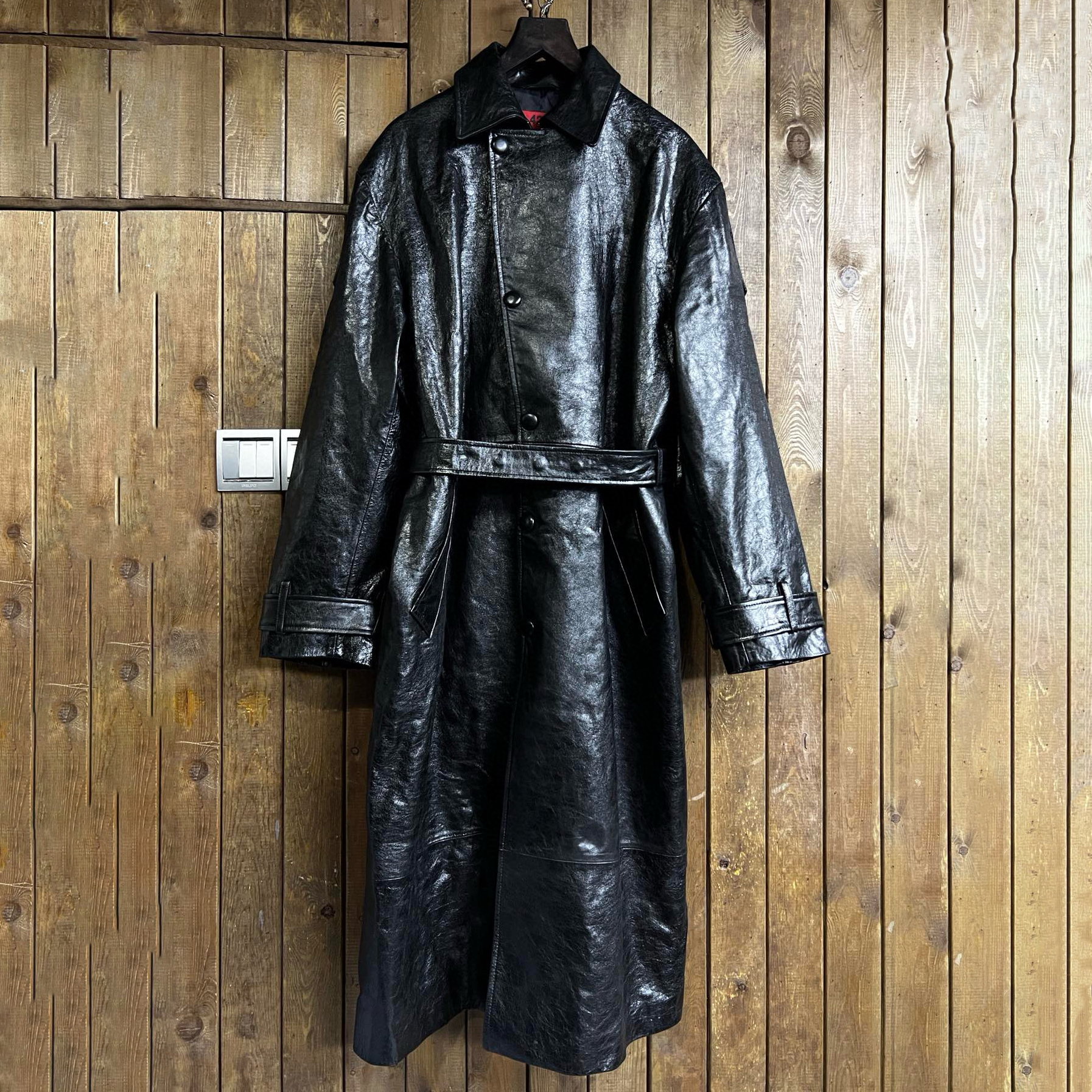 NIGO 424 Men's Autumn and Winter Leather Belted Single Breasted Pants Long Sleeve Coat Jacket #nigo99317
