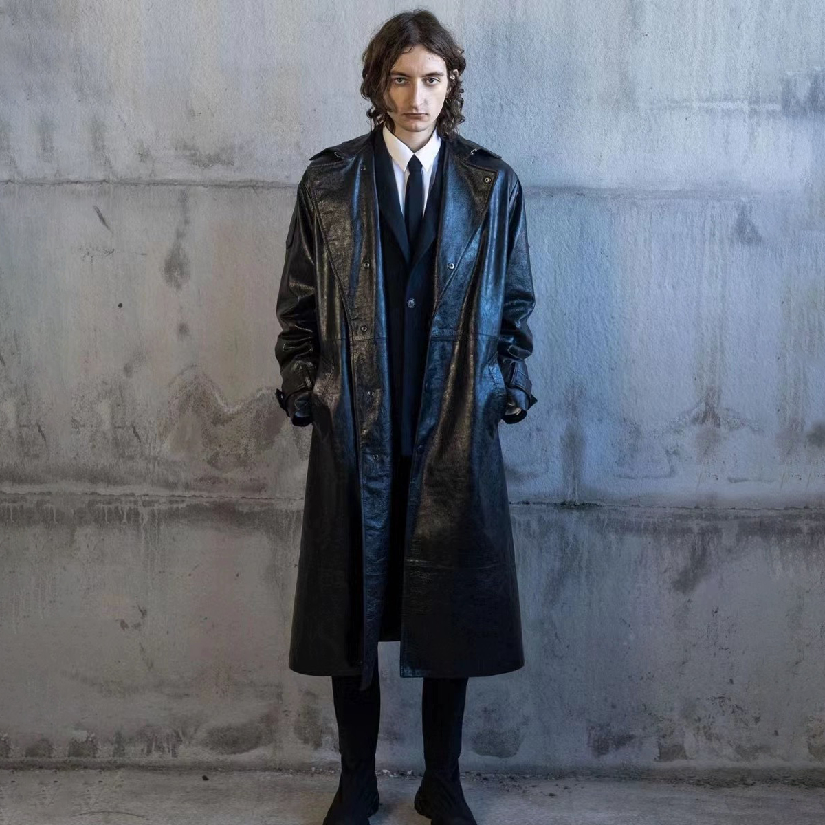 NIGO 424 Men's Autumn and Winter Leather Belted Single Breasted Pants Long Sleeve Coat Jacket #nigo99317