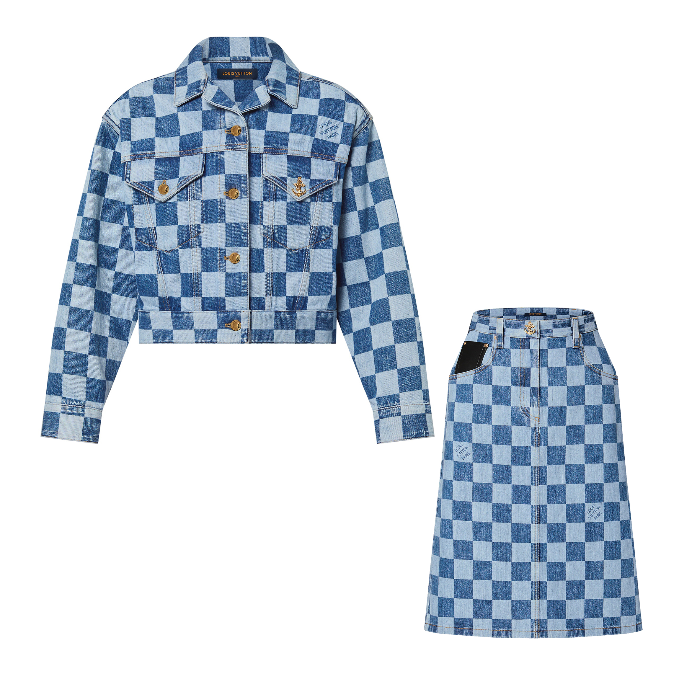 NIGO Louis Vuitton Women‘s Autumn and Winter Checkerboard Shorts Lapel Single Breasted Denim Jacket Casual Skirt Suit Set #nigo99312