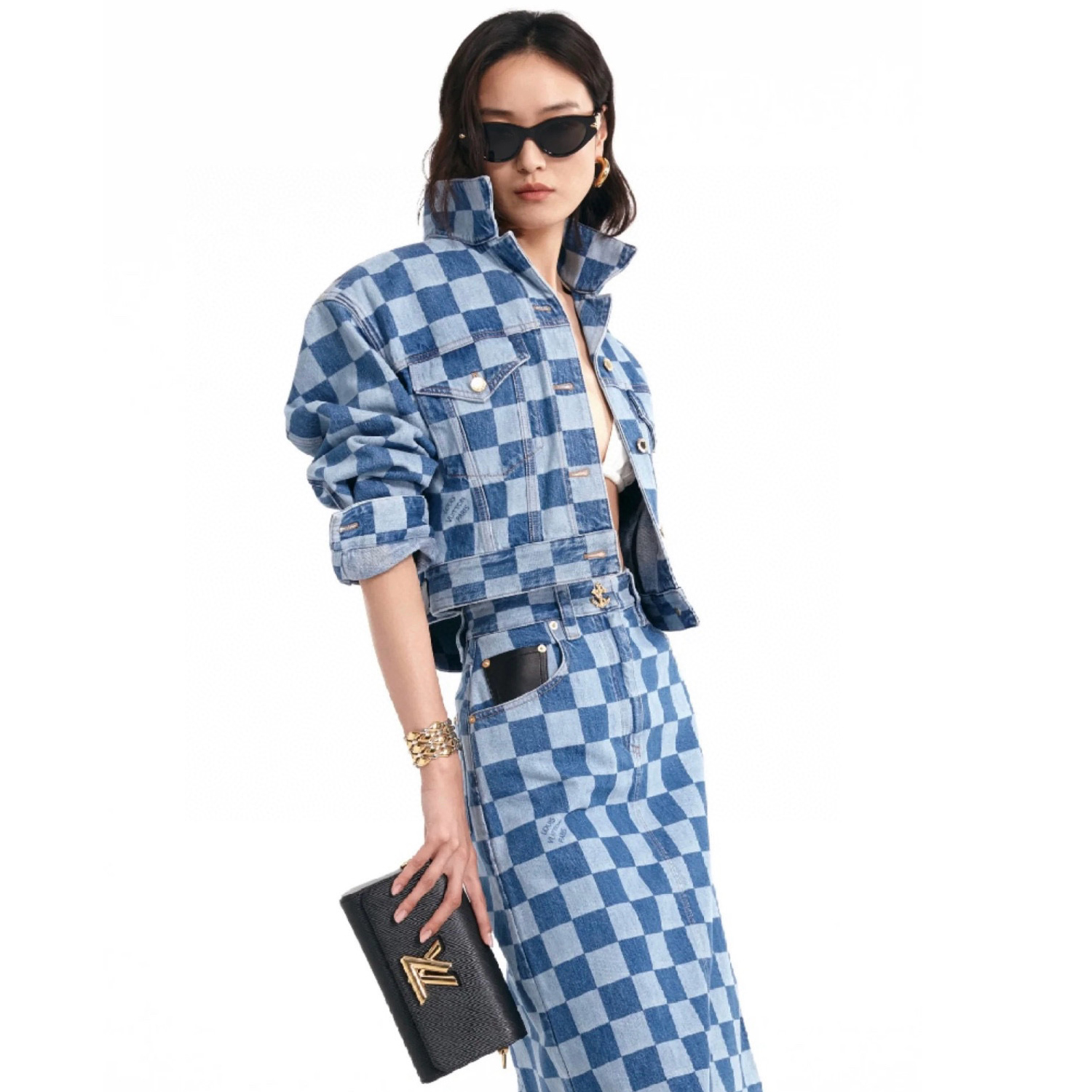 NIGO Louis Vuitton Women‘s Autumn and Winter Checkerboard Shorts Lapel Single Breasted Denim Jacket Casual Skirt Suit Set #nigo99312