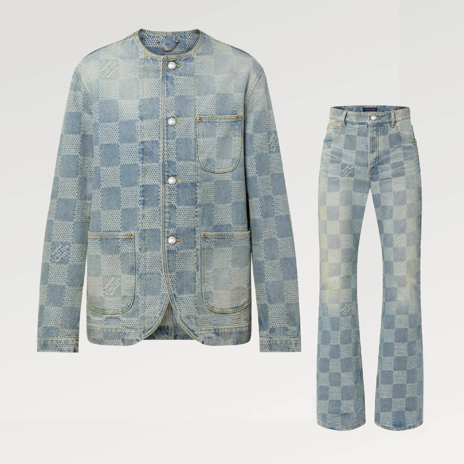 NIGO Louis Vuitton Men's Spring And Fall Fashion Plaid Denim Suit Gradient Wash Vintage Round Neck Jacket Casual Flared Pants Set #nigo99297