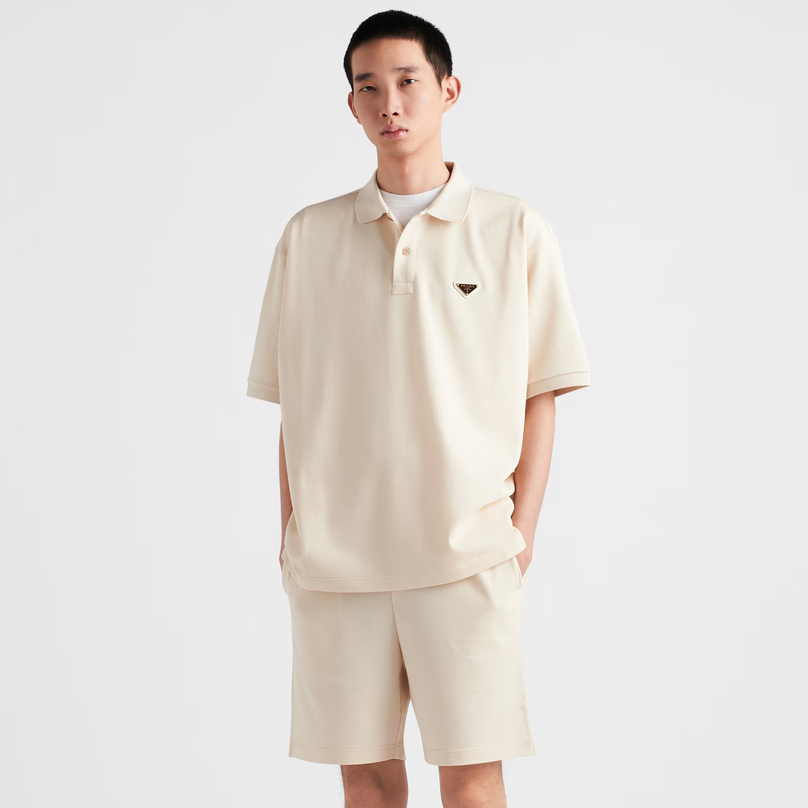 NIGO Prada Men's Summer Metal Label Triangle Logo Solid Colour Beaded Cotton Polo Neck Short Sleeve T-Shirt and Shorts Set Suit #nigo99316