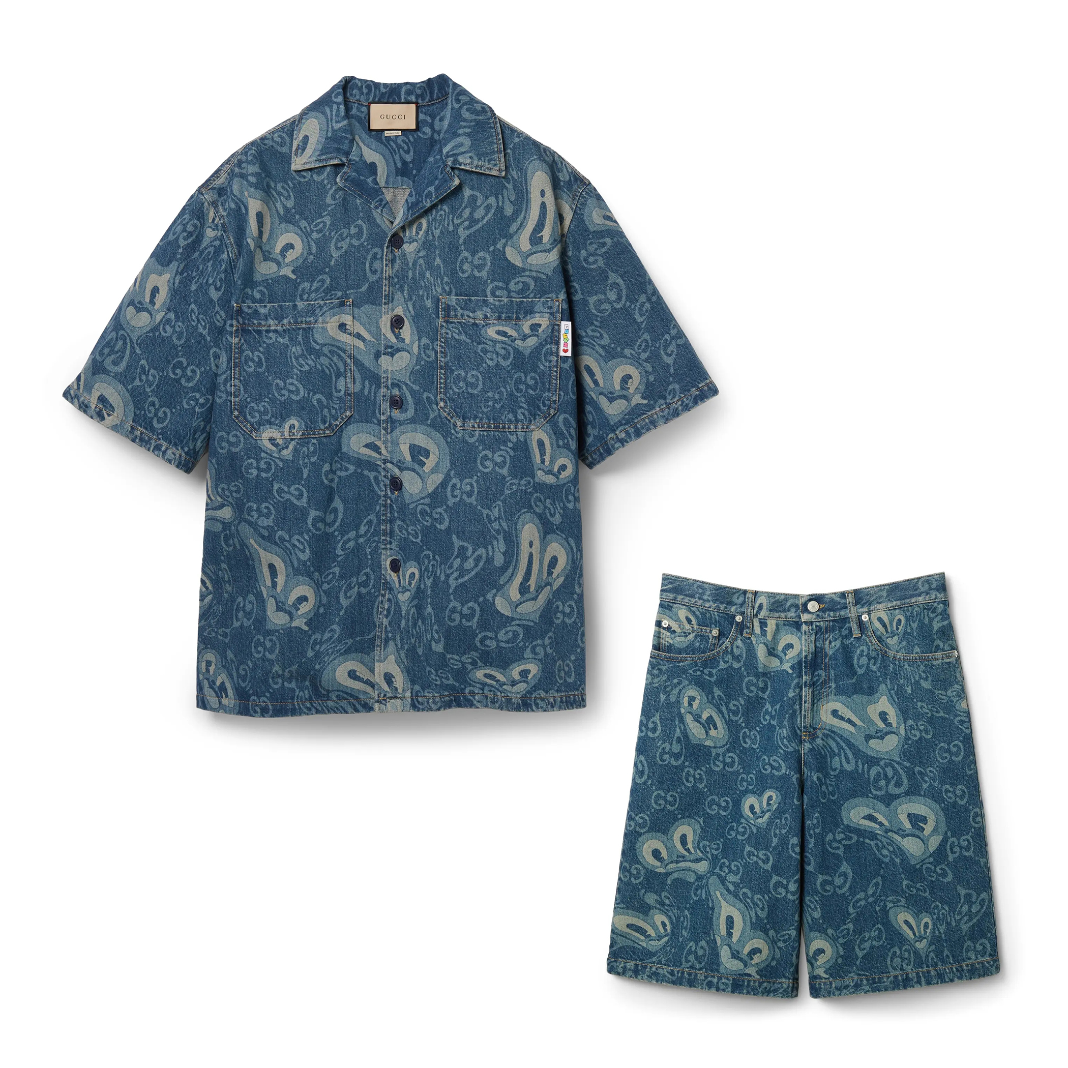 NIGO Gucci Men's Summer Pattern Printed Lapel Single Breasted Denim Short Sleeve Shirt Shorts Pants Set Suit #nigo99327