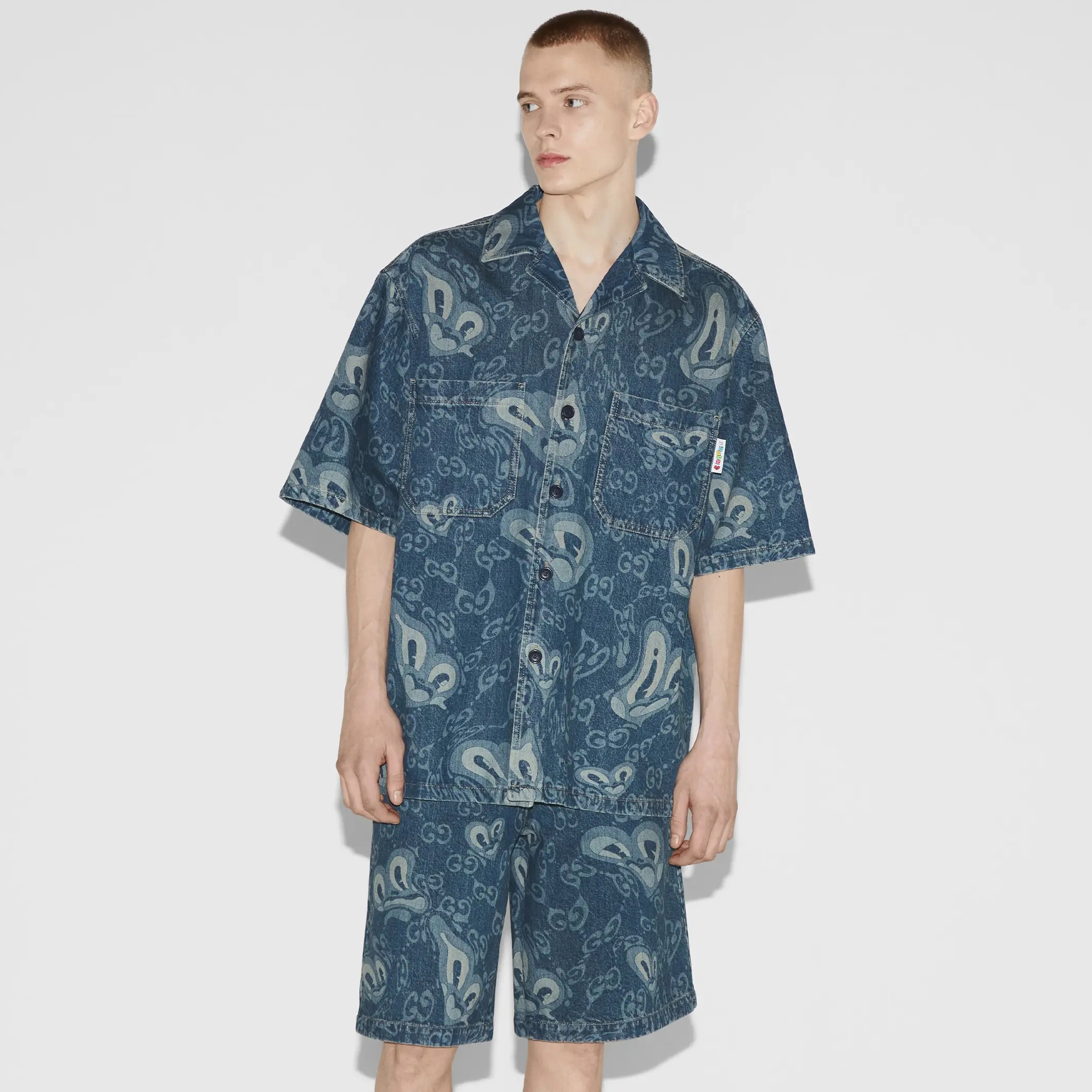 NIGO Gucci Men's Summer Pattern Printed Lapel Single Breasted Denim Short Sleeve Shirt Shorts Pants Set Suit #nigo99327