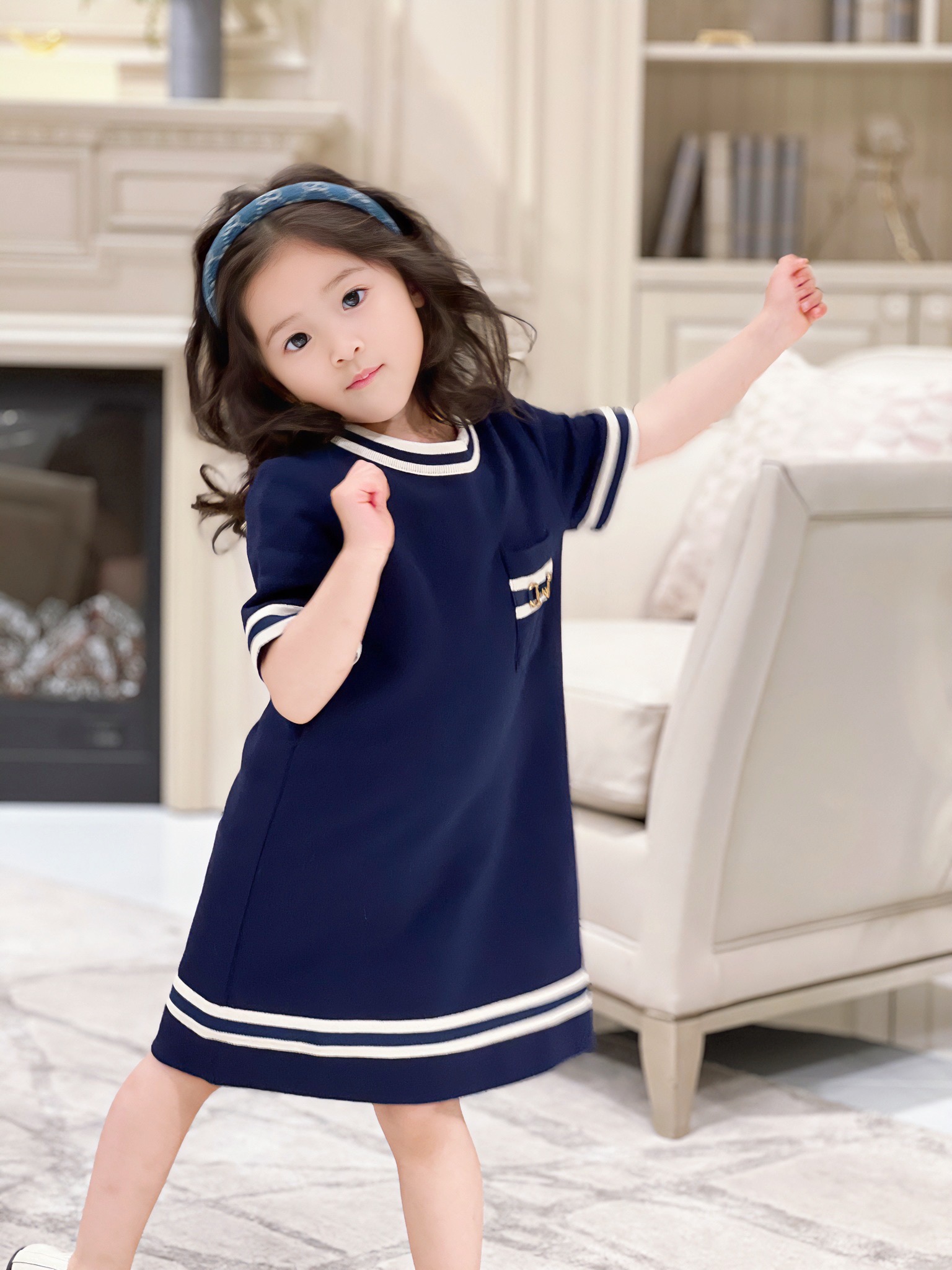 NIGO Gucci Kid's Spring, Summer, And Autumn Solid Stripe Printed Horsehead Buckle Knitted Cotton Round Neck Short Sleeved Dress #nigo31273