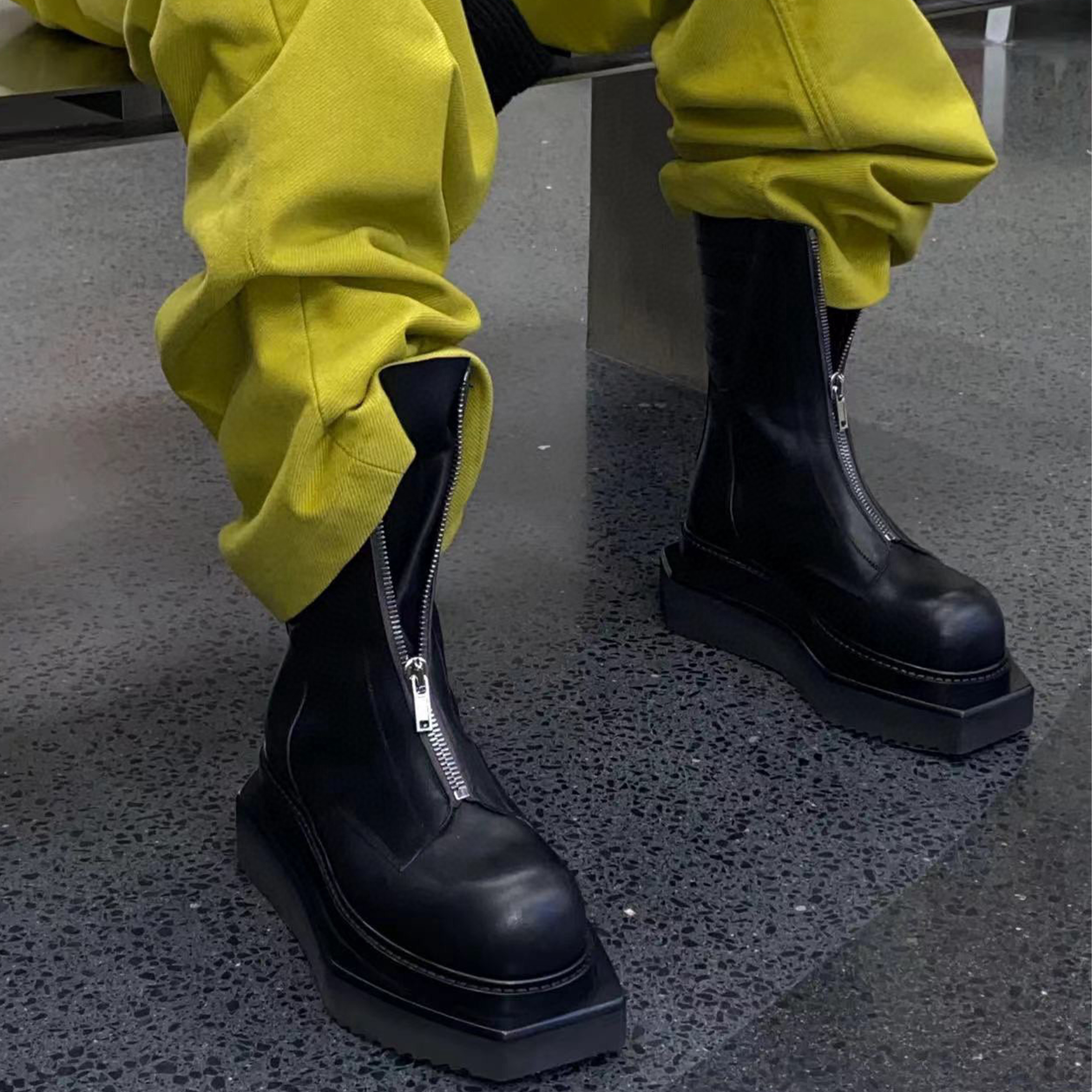 NIGO Rick Owens Men's Autumn And Winter Solid Color Comfortable Simple Zipper Cowhide Round Toe Geometric Thick Bottom Boots Casual Shoes Ngvp #nigo8274