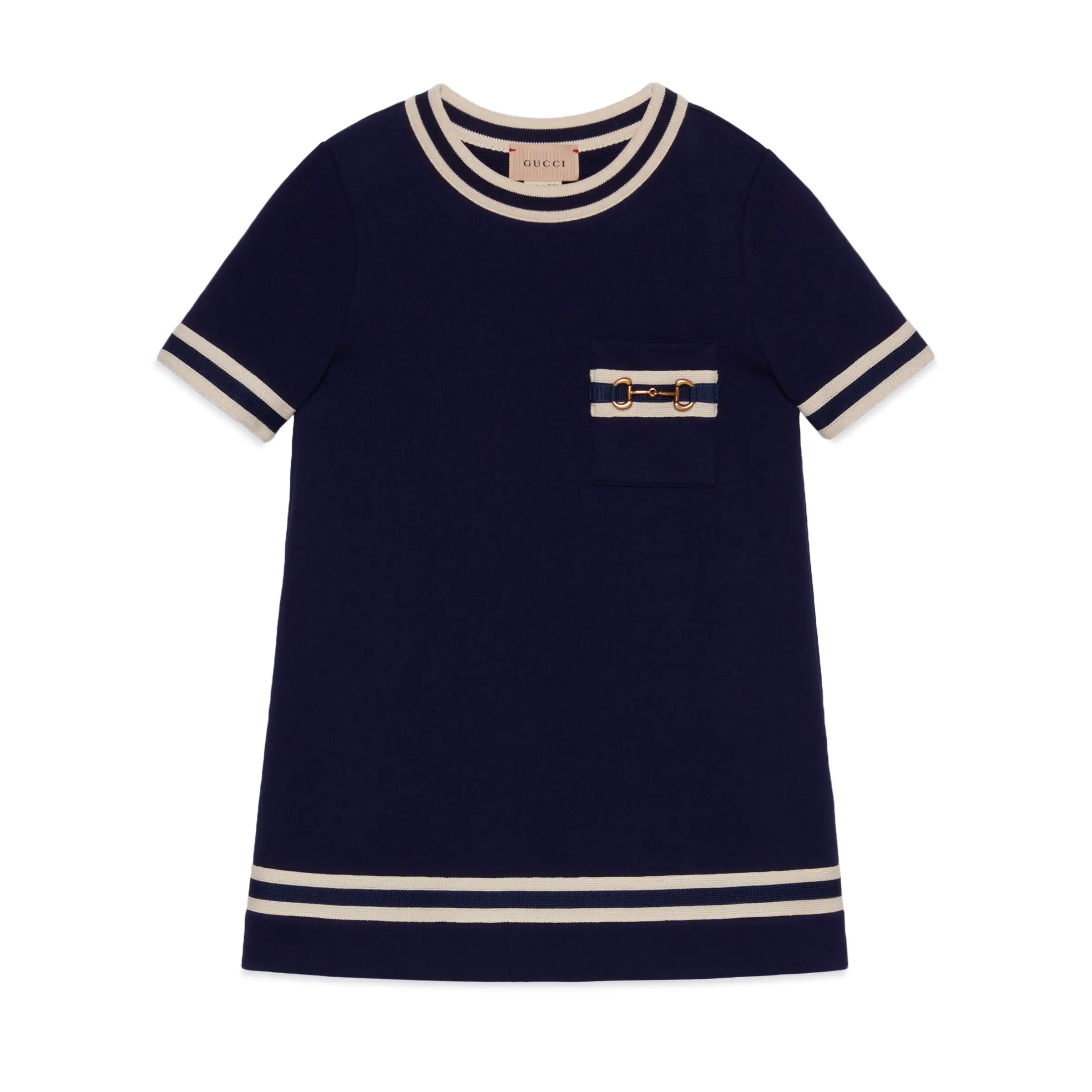 NIGO Gucci Kid's Spring, Summer, And Autumn Solid Stripe Printed Horsehead Buckle Knitted Cotton Round Neck Short Sleeved Dress #nigo31273