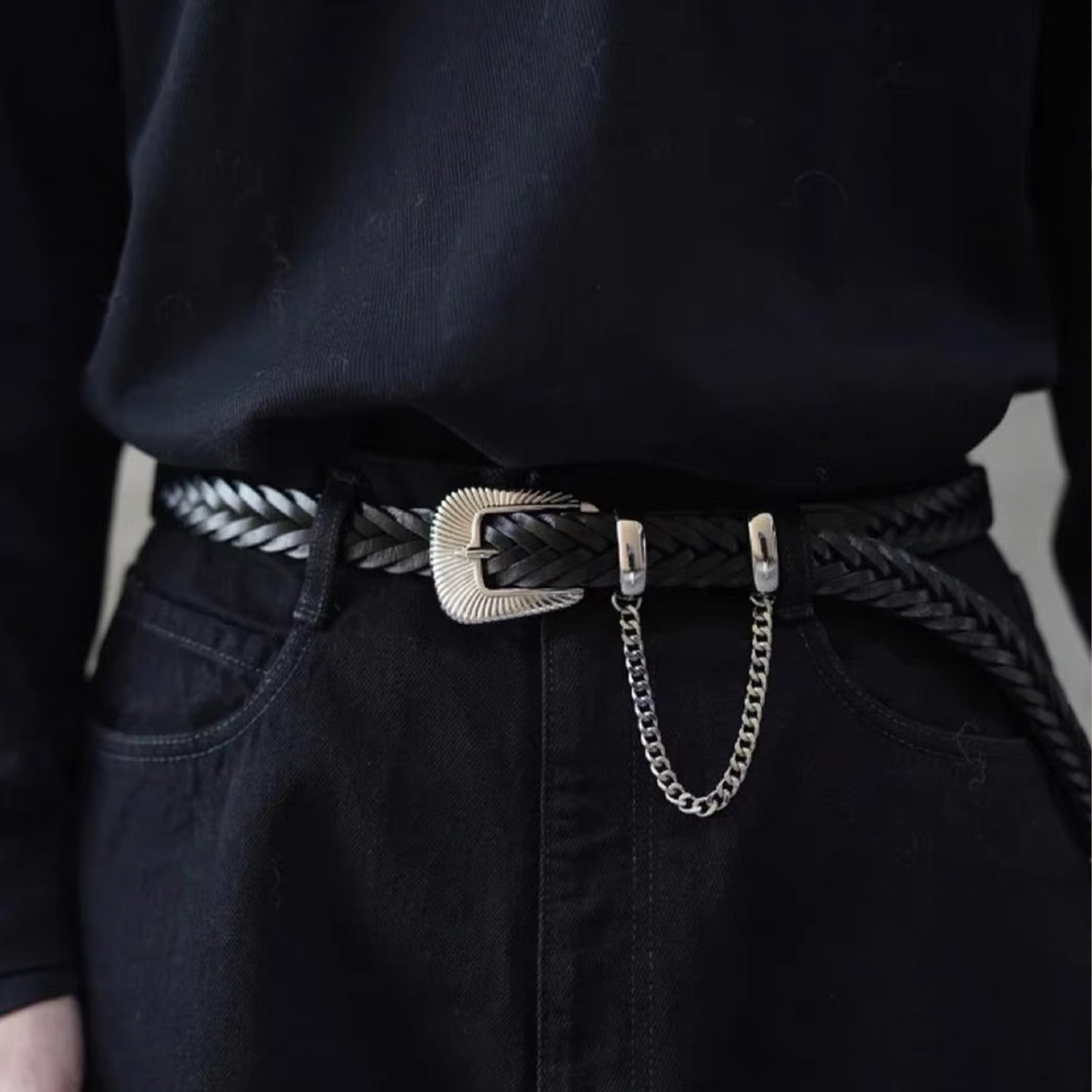 NIGO JieDa Men's Cowhide Braided Solid Color Vintage Chain Belt No Punch Belt Ngvp #nigo8275
