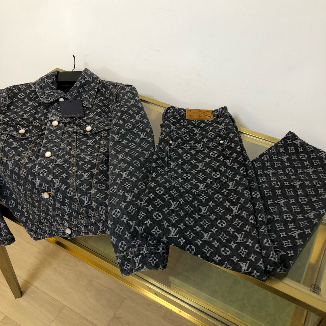NIGO Louis Vuitton Men's Autumn and Winter Black Letter Print Denim Single Breasted Long Sleeve Jacket Jeans Pants Set Suit #nigo99395