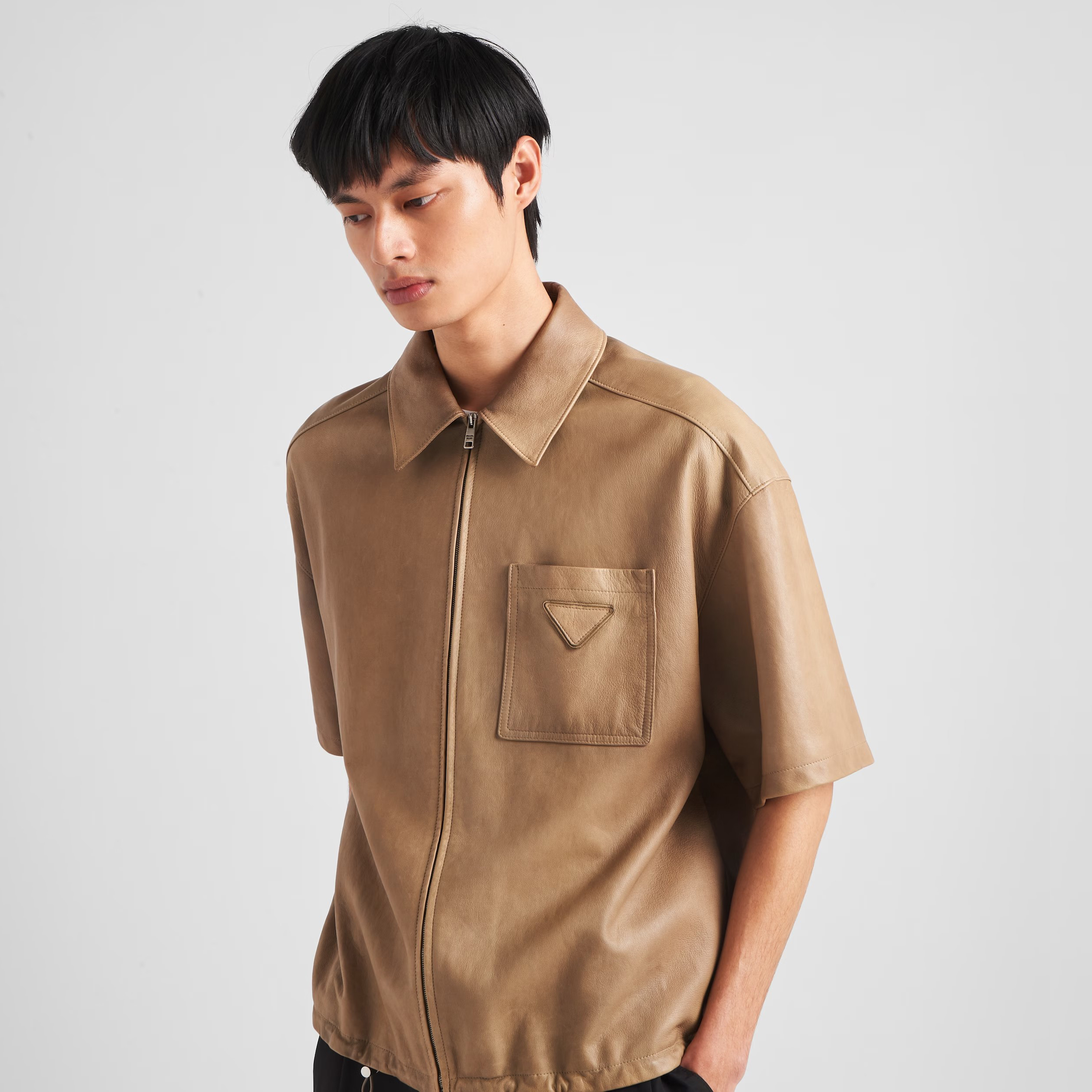 NIGO Prada Men's Spring/Summer Khaki Zipped Lambskin Short Sleeve Jacket #nigo99415