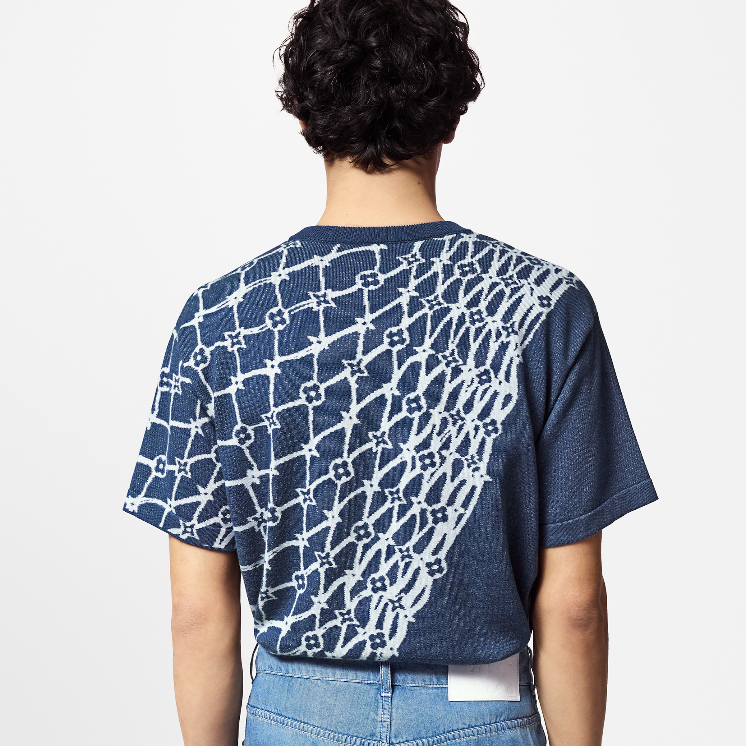 NIGO Louis Vuitton Men's Summer Blue Fishing Net Printed Ribbed Crew Neck Cotton Short Sleeve T-Shirt #nigo99446