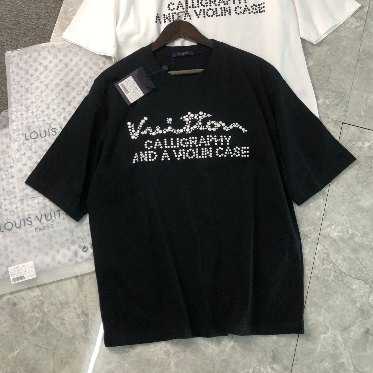 NIGO Louis Vuitton Men's and Women's Summer Black and White Beaded Letter Logo Round Neck Cotton Short Sleeve T-Shirt #nigo99463