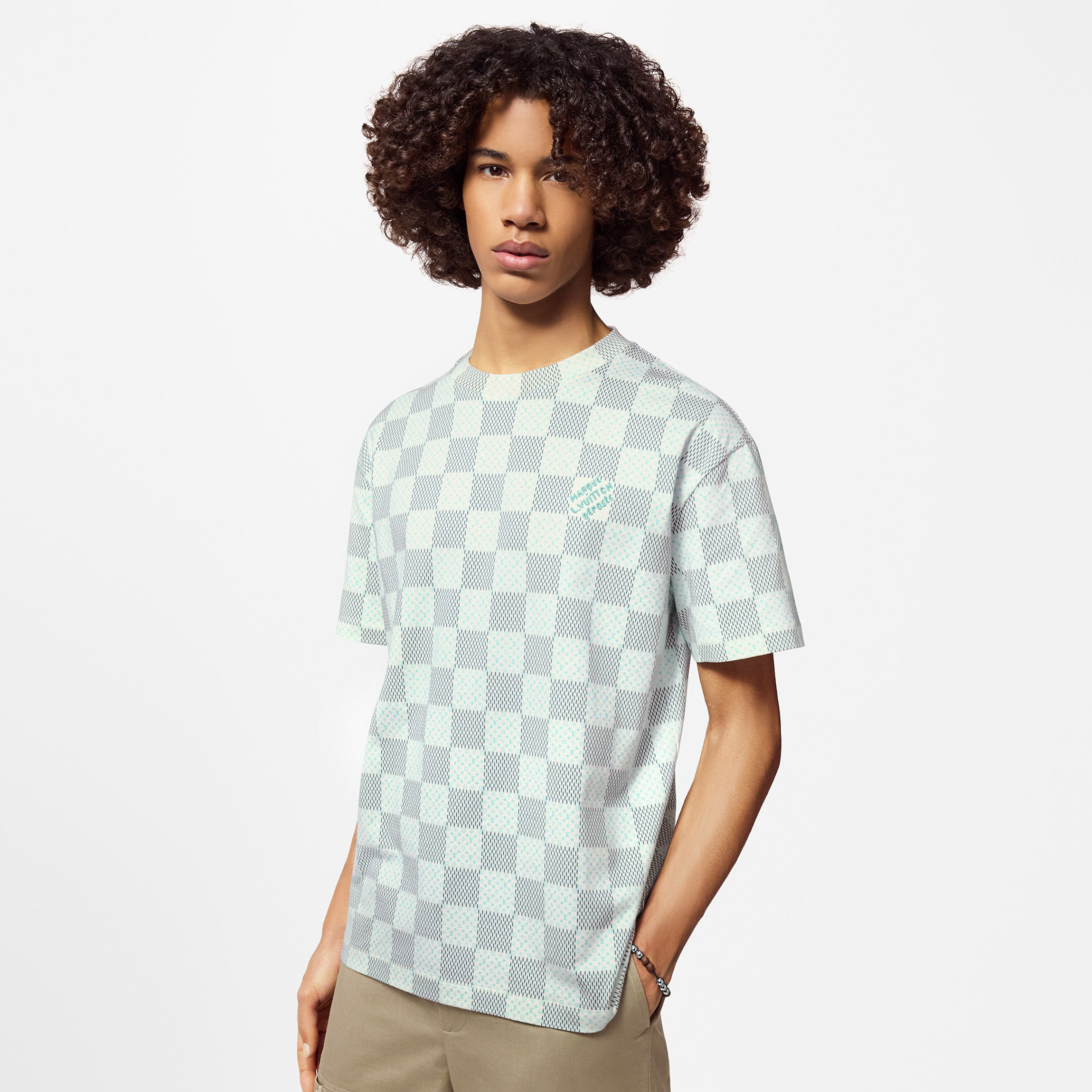 NIGO Louis Vuitton Men's Green Checkerboard Graphic Crew Neck Cotton Short Sleeve T-Shirt #nigo99471