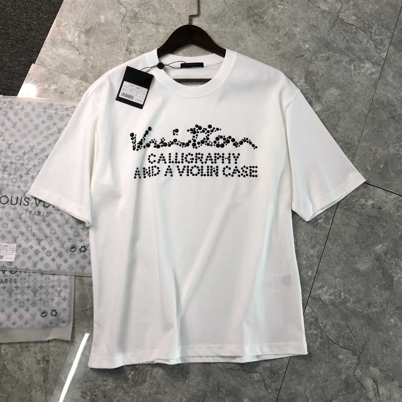 NIGO Louis Vuitton Men's and Women's Summer Black and White Beaded Letter Logo Round Neck Cotton Short Sleeve T-Shirt #nigo99463