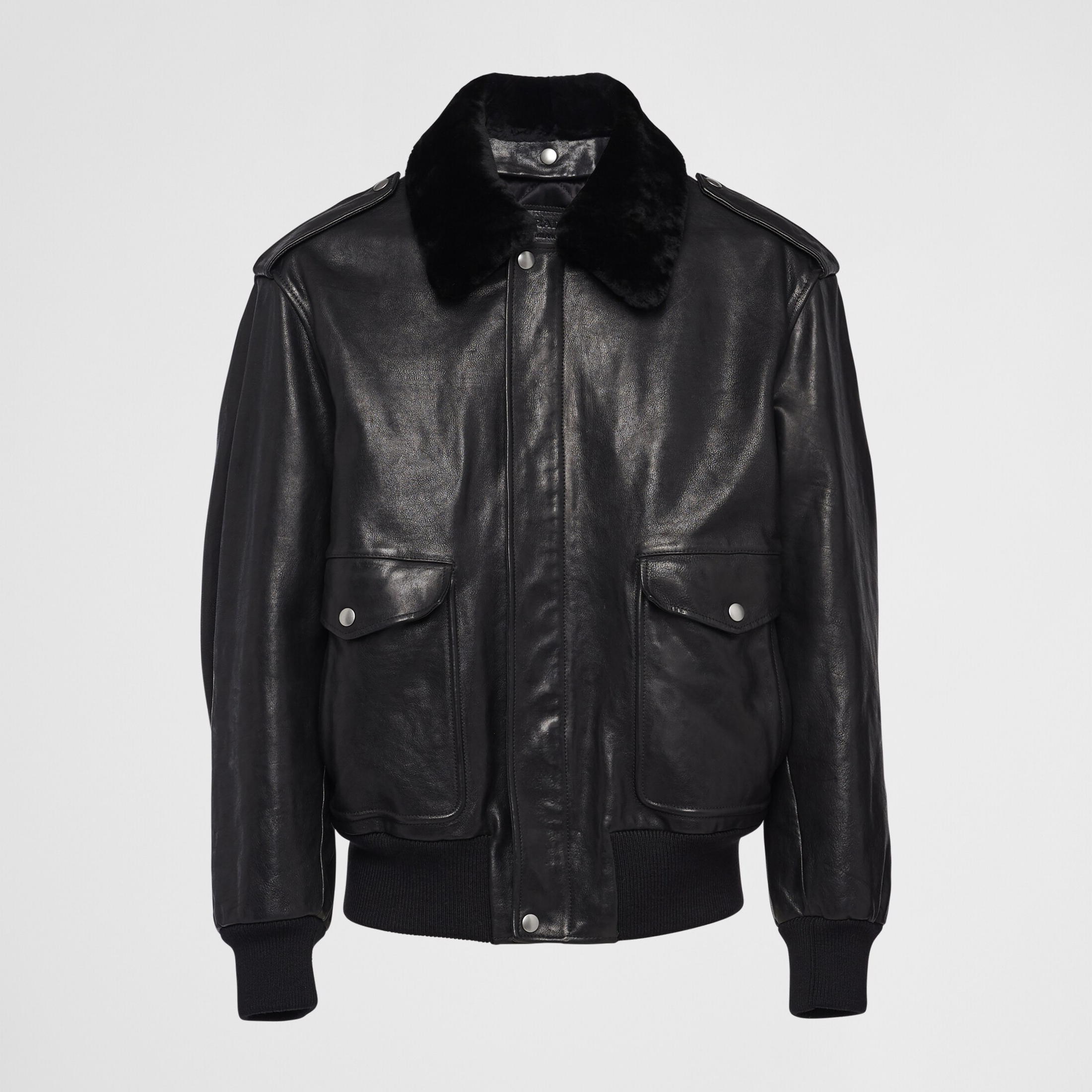 NIGO Prada Men's Autumn Winter Black Hair Collar Zip Leather Long Sleeve Jacket #nigo99477