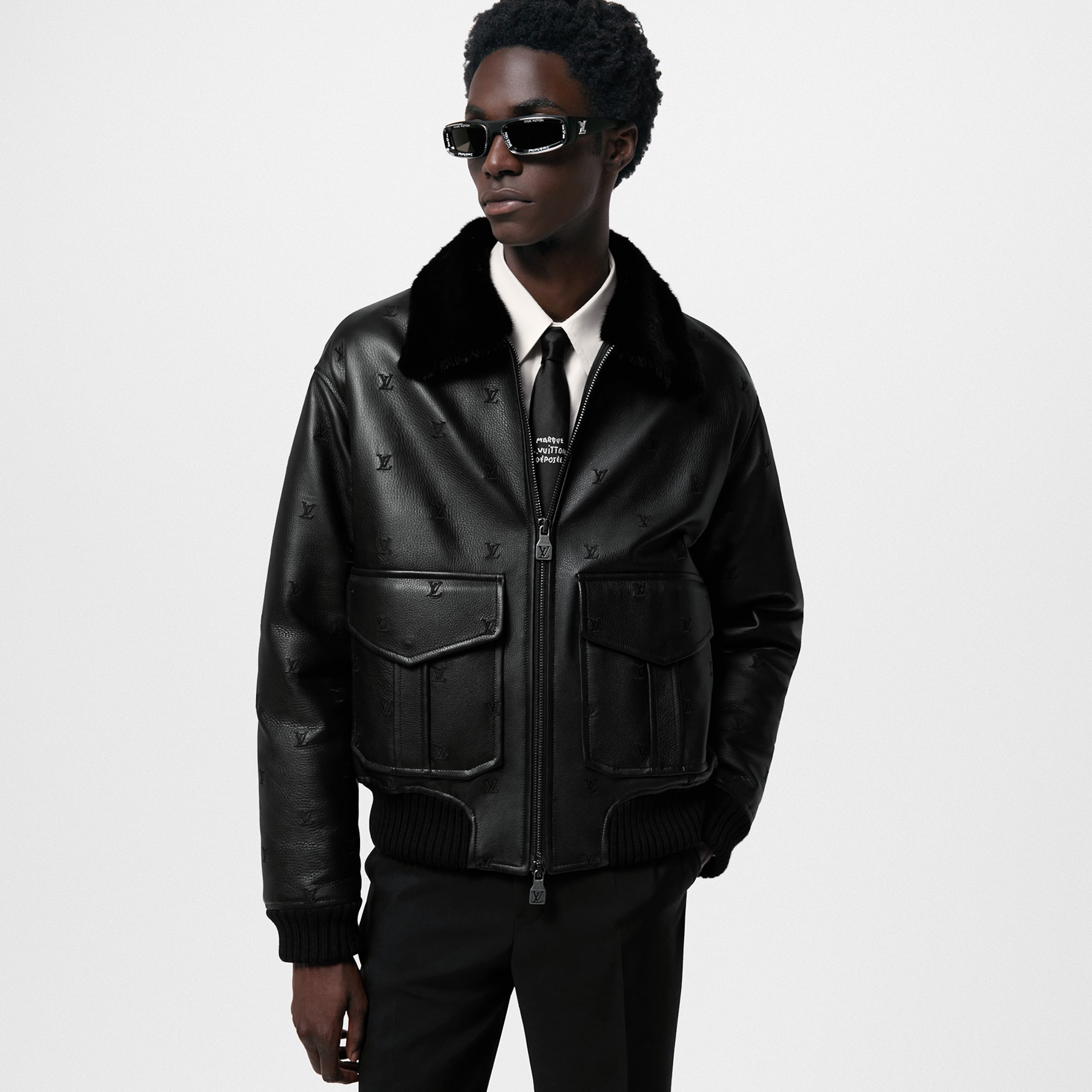 NIGO Louis Vuitton Men's Autumn/Winter Logo Embroidery Hair Collar Zip Cowhide Pilot Jacket #nigo99476