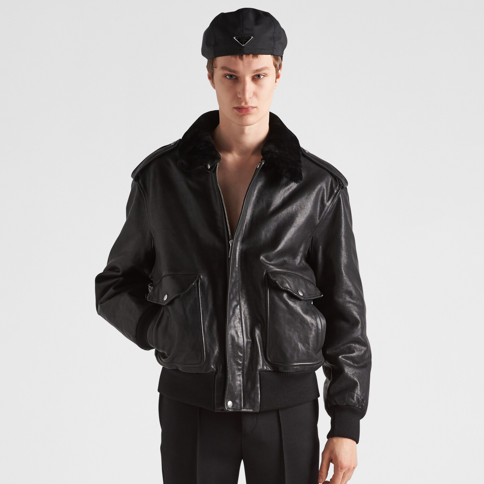 NIGO Prada Men's Autumn Winter Black Hair Collar Zip Leather Long Sleeve Jacket #nigo99477