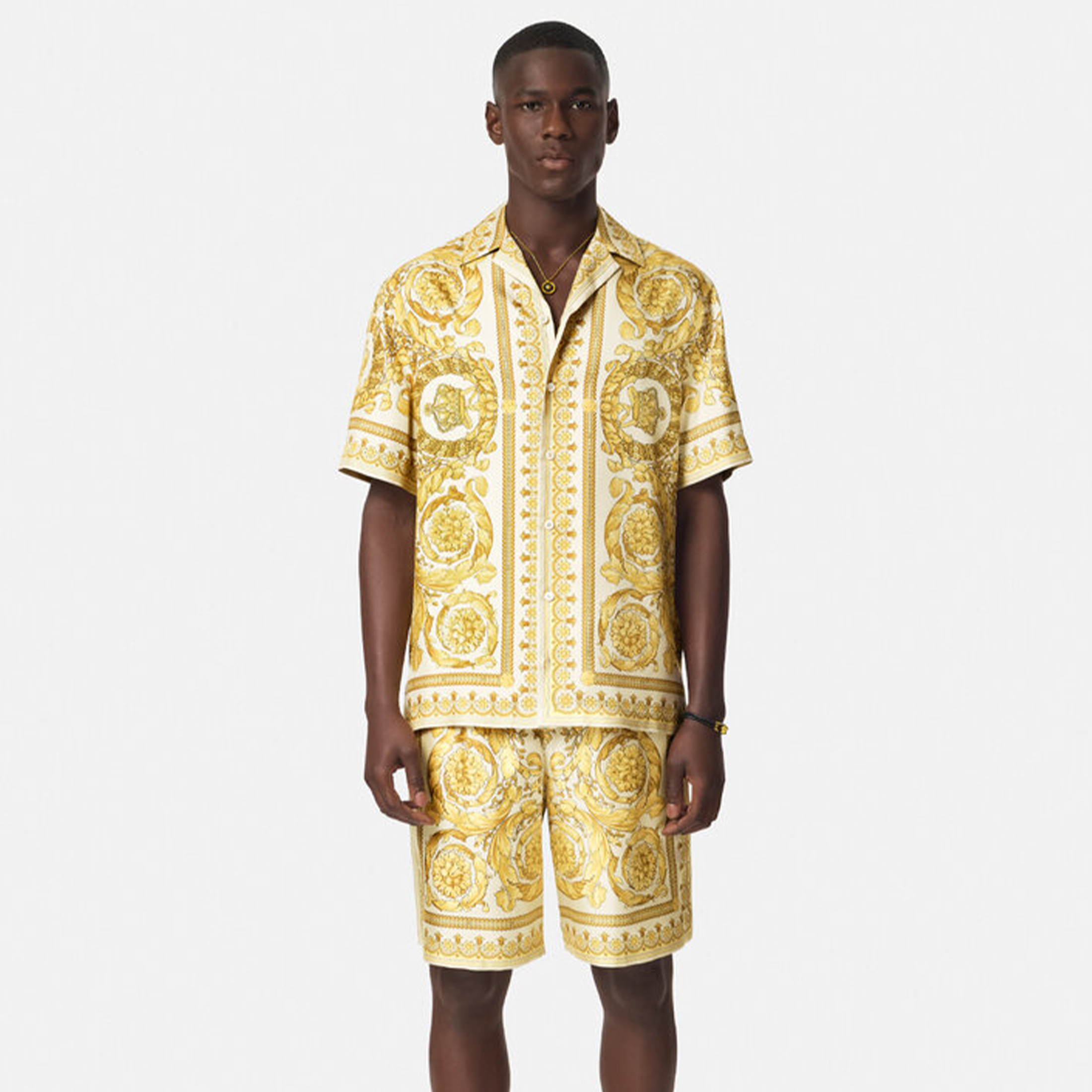 NIGO Versace Men's Summer Solid Color Single Breasted Lapel Short Sleeve BAROCCO Silk Shirt Casual Elastic Shorts Ngvp #nigo8287