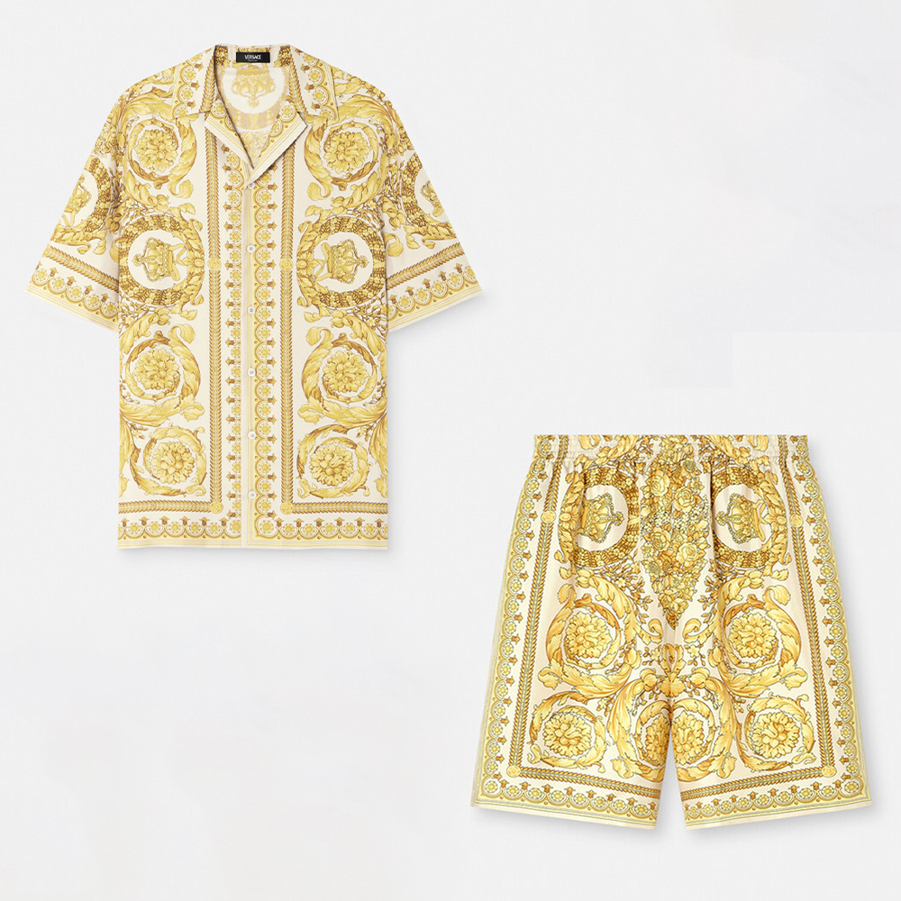 NIGO Versace Men's Summer Solid Color Single Breasted Lapel Short Sleeve BAROCCO Silk Shirt Casual Elastic Shorts Ngvp #nigo8287