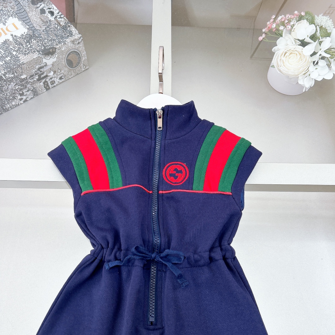 NIGO Gucci Kid's Summer Logo Embroidery Cotton Colorblocking High Neck Jersey Short Sleeve Dress #nigo31277