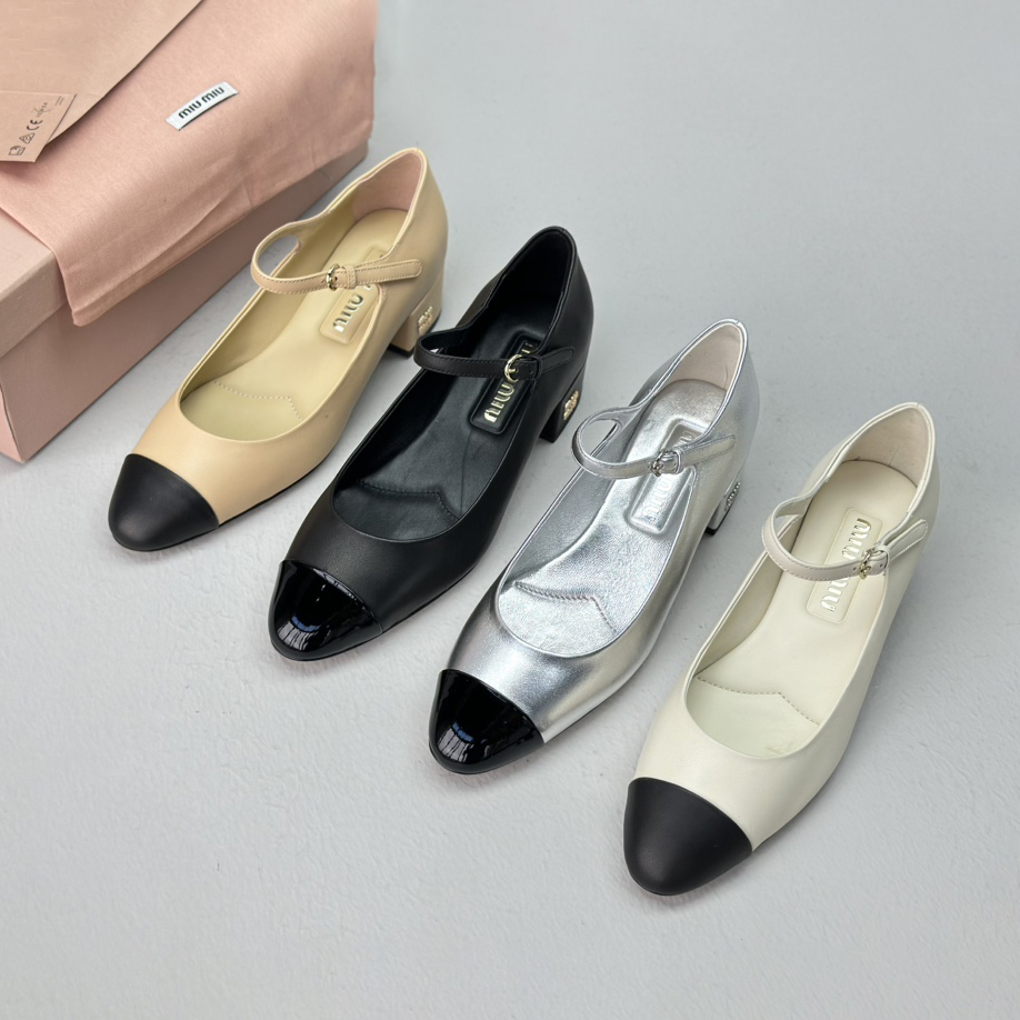 NIGO MiuMiu Women's Summer Colour Blocking Shallow Mouth Buckle Chunky Heel Leather High Heels Shoes #nigo99484