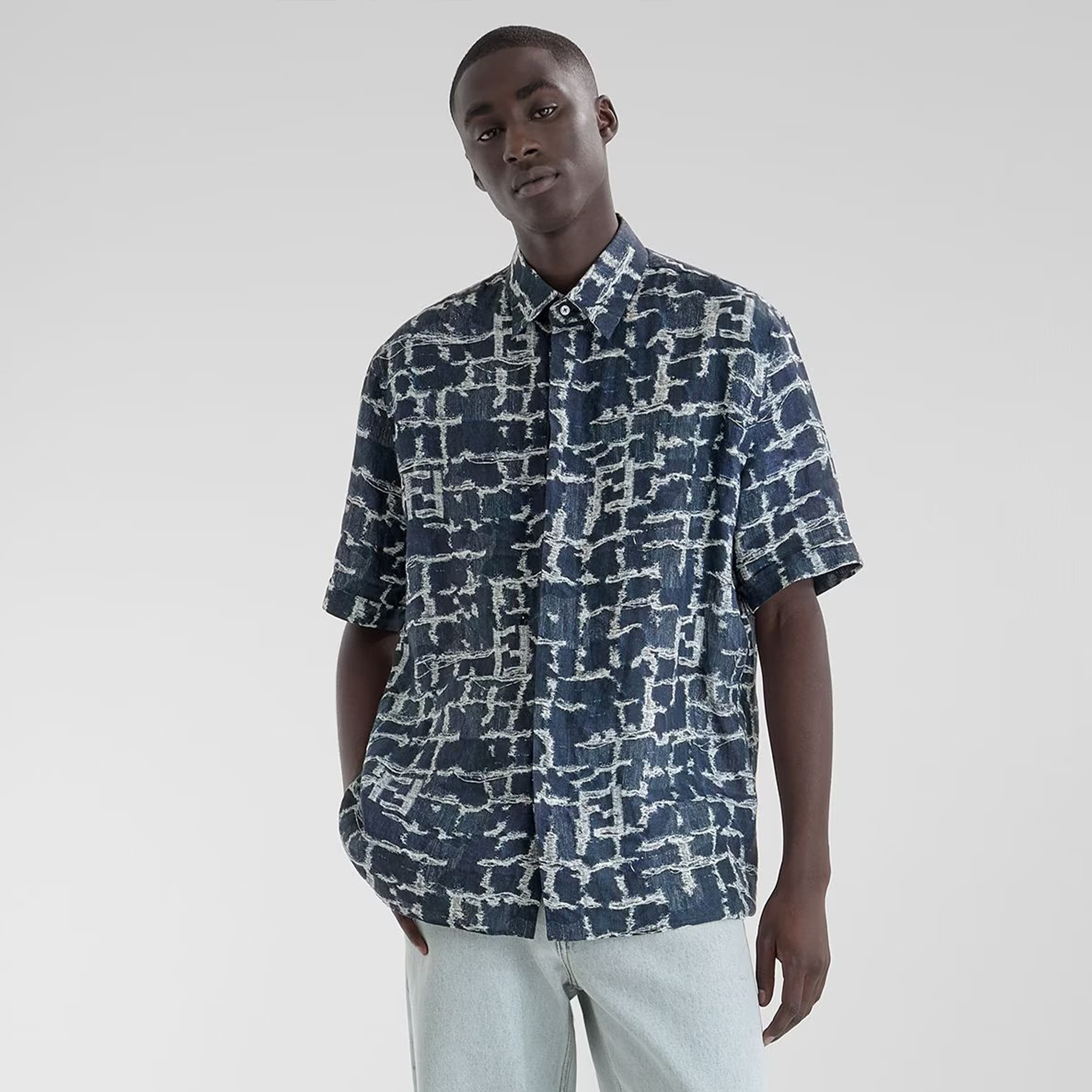 NIGO Fendi Men's Summer Pattern Printed Lapel Short Sleeve Solid Color Linen Shirt Zipper Straight Casual Shorts Ngvp #nigo8333