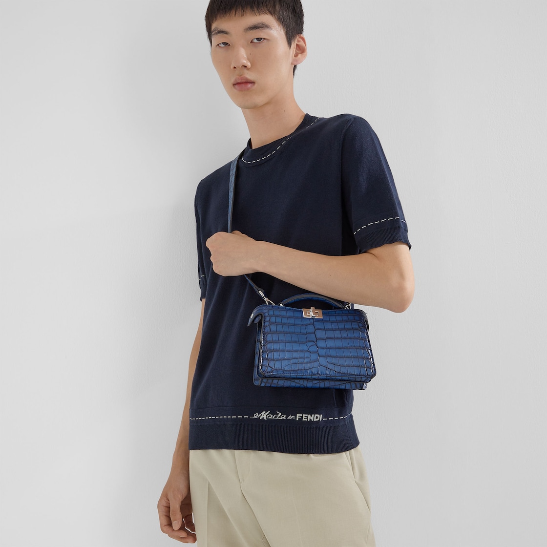 NIGO Fendi  Men's Spring/Summer  Blue T-shirt Cotton Cashmere Blended Top with Round Neck Knitted Short Sleeves  #nigo71217