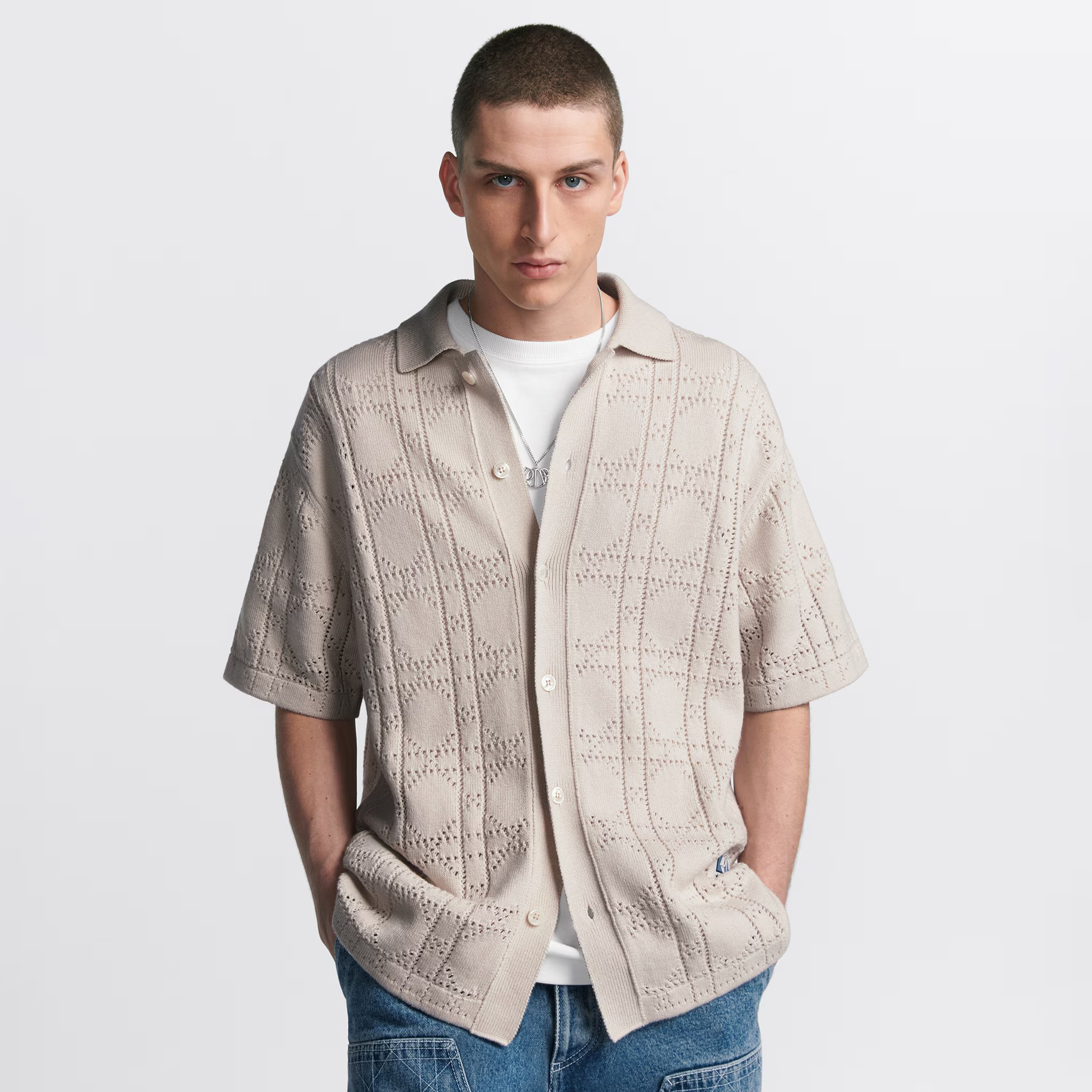 NIGO Dior Men's Summer Solid Colour Logo Letter Applique Hollow Out Lapel Single Breasted Knitted Short Sleeve Shirt #nigo99534