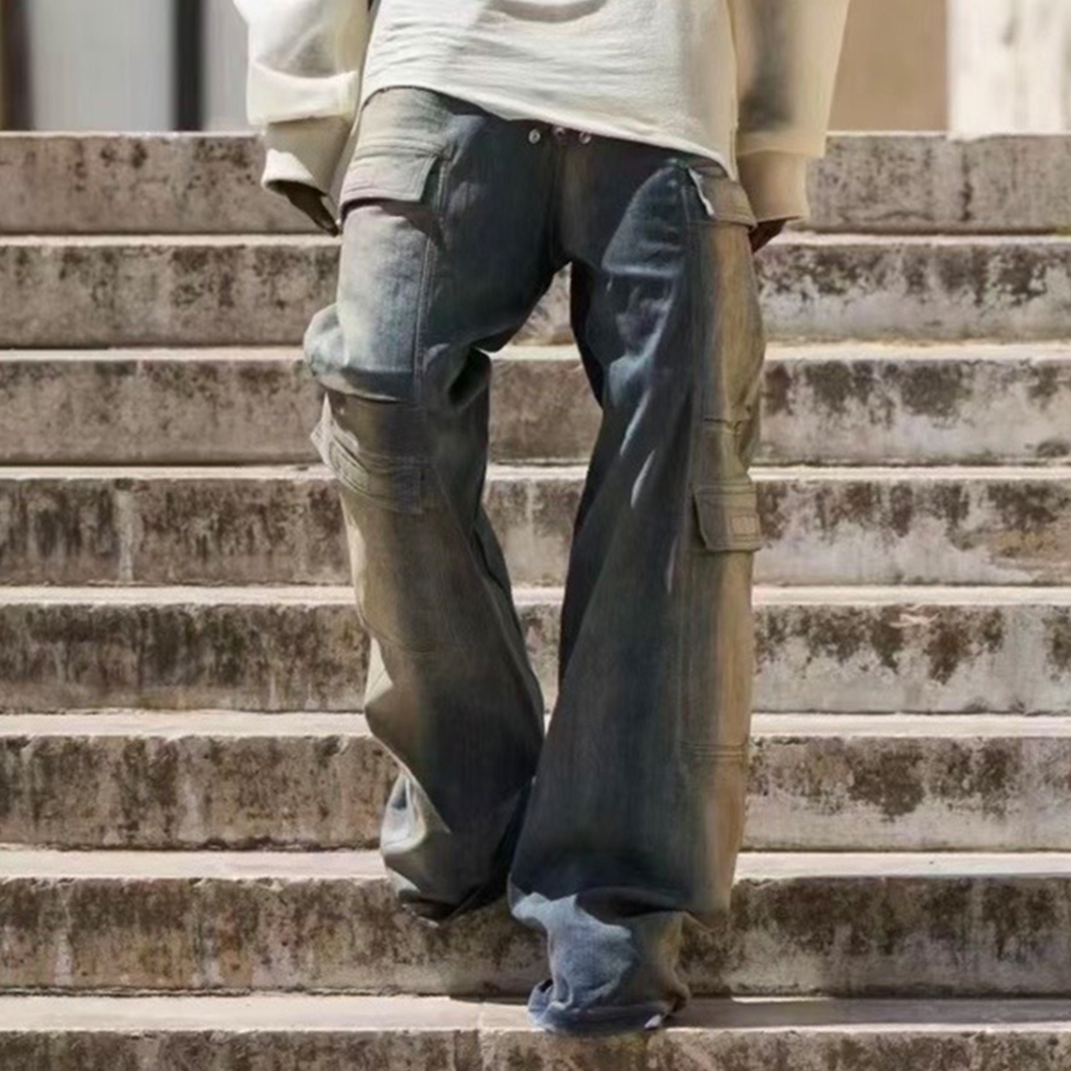 NIGO Rick Owens Men's And Women's Seasonal Retro Distressed Gradient Washed Wide Leg Workwear Denim Pants Ngvp #nigo8322