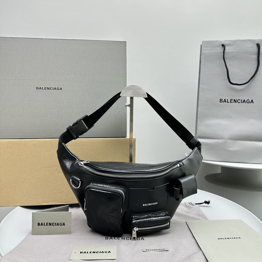NIGO Balenciaga Superbusy Men's Black Fine Grain Sheep Leather Multi-Pocket Functional Waist Bag #nigo99555
